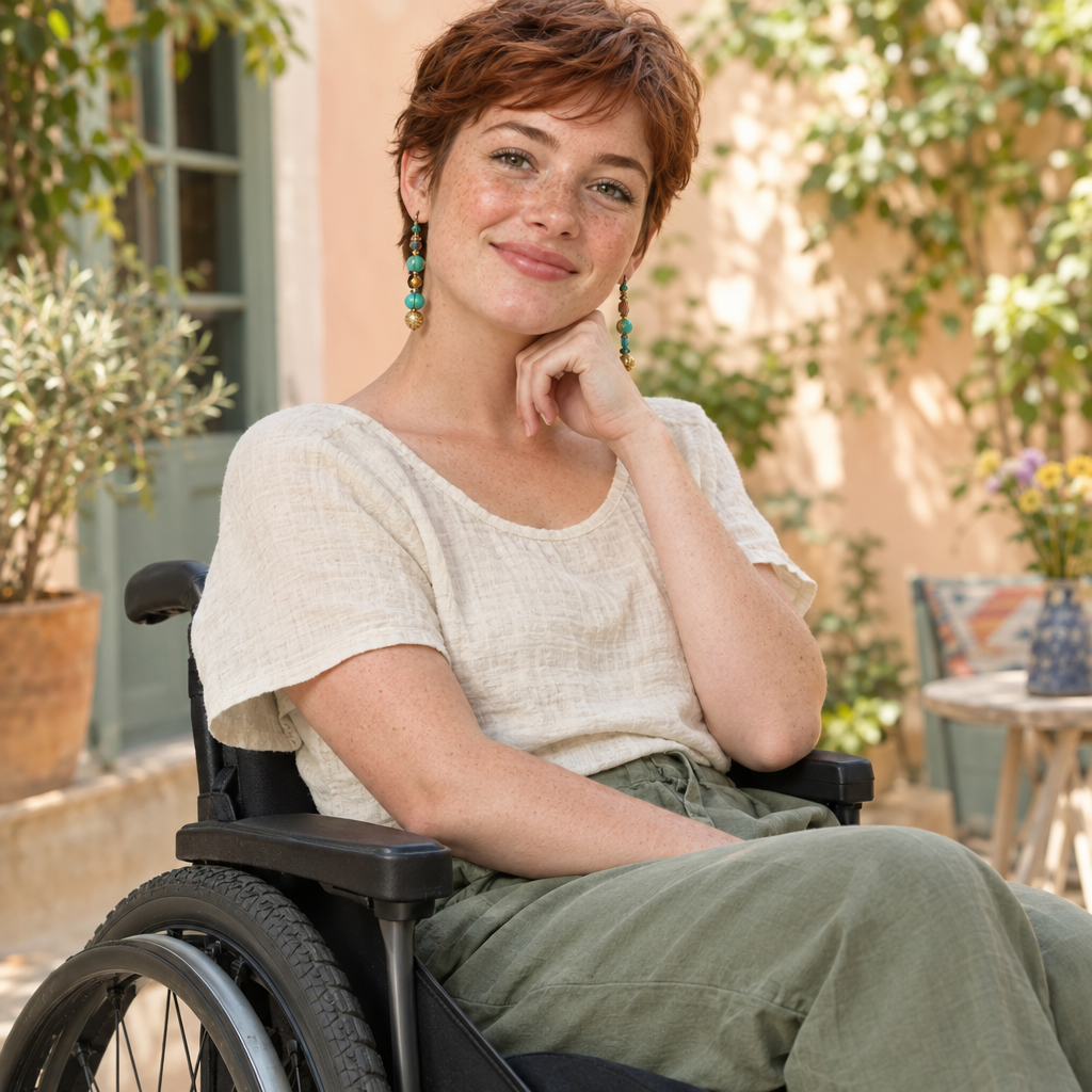 Inclusive New Arrivals portrait featuring a young adult using a wheelchair and wearing colourful earrings