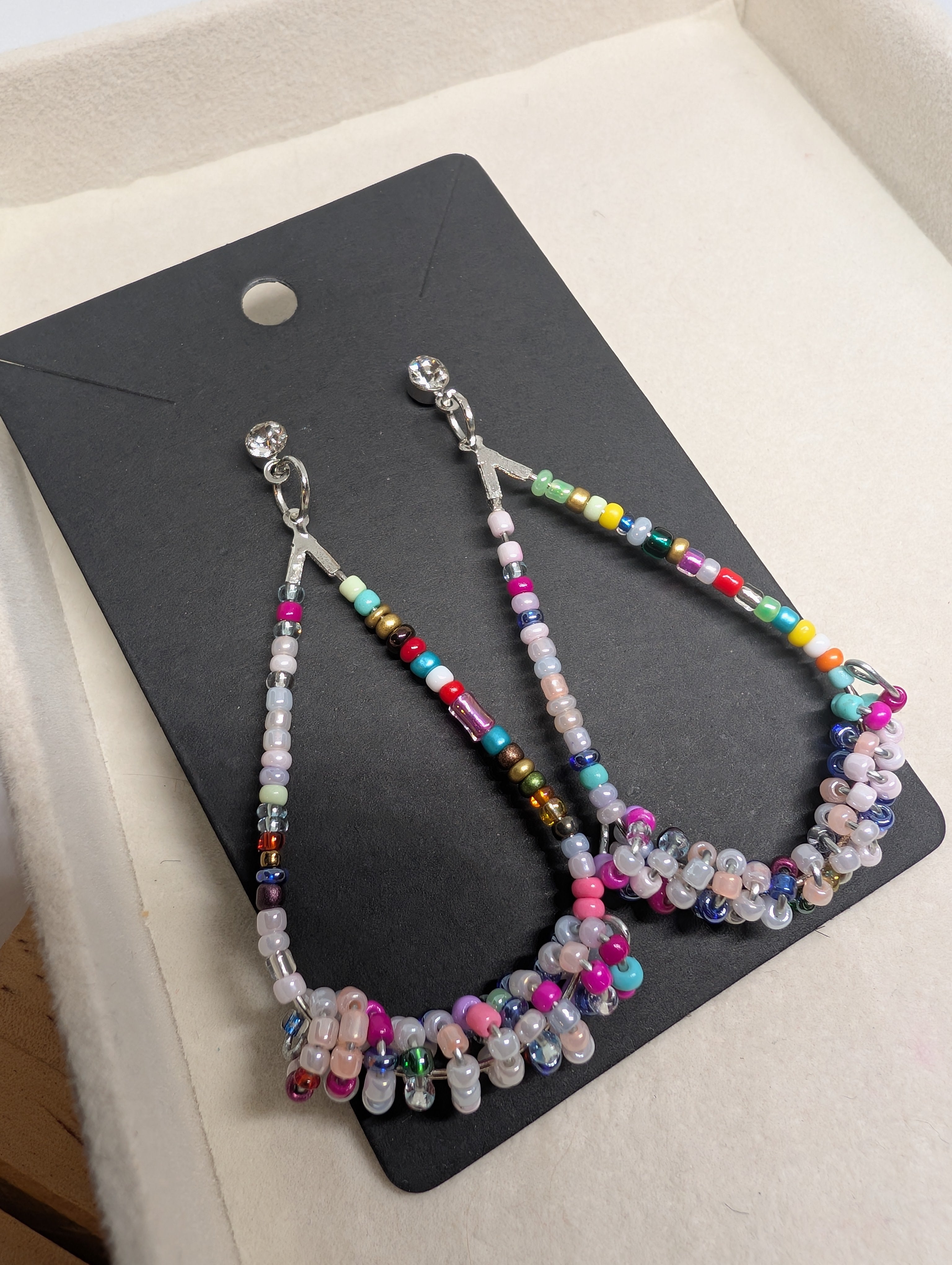Confetti Teardrop Hoops, handmade beaded earrings in multicolour, pink and silver