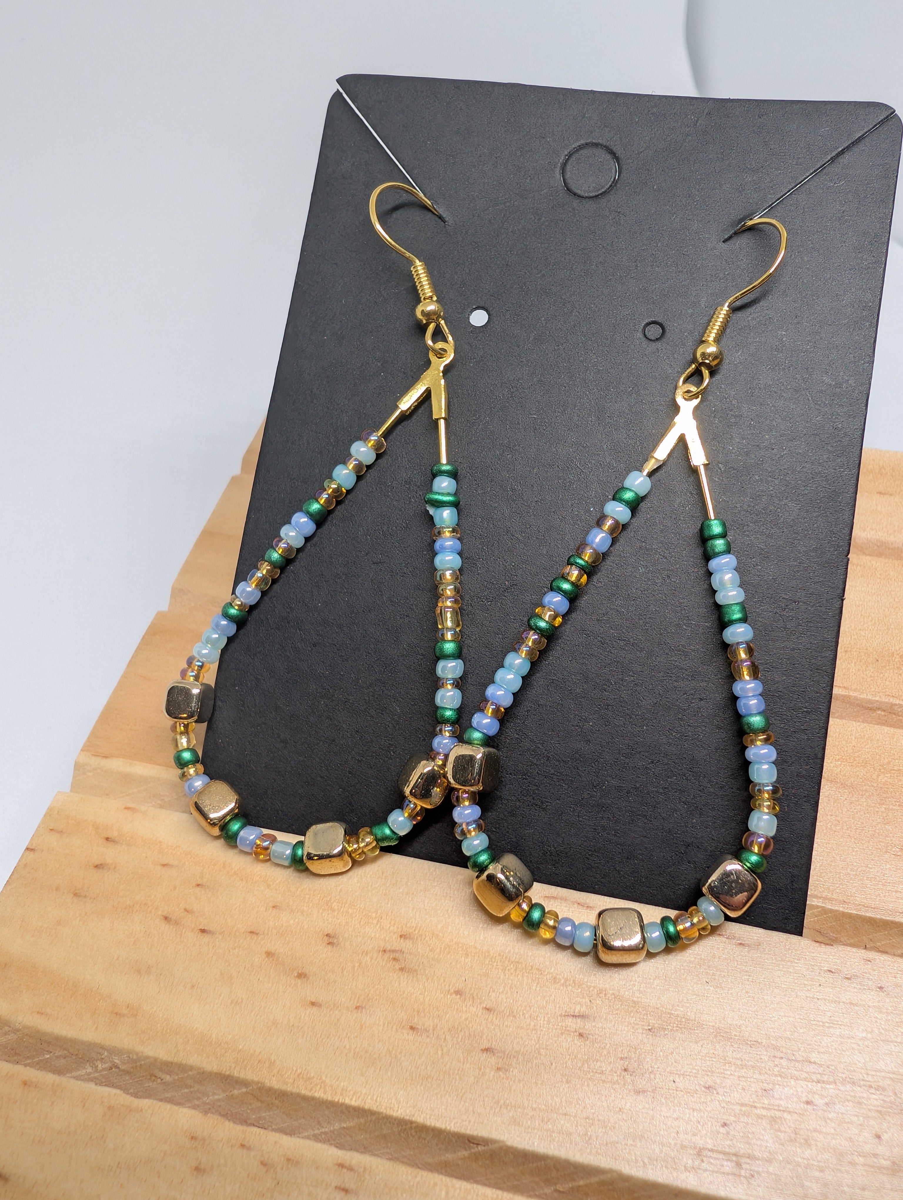Meadow And Gold Loops, handmade beaded earrings in blue, green and gold