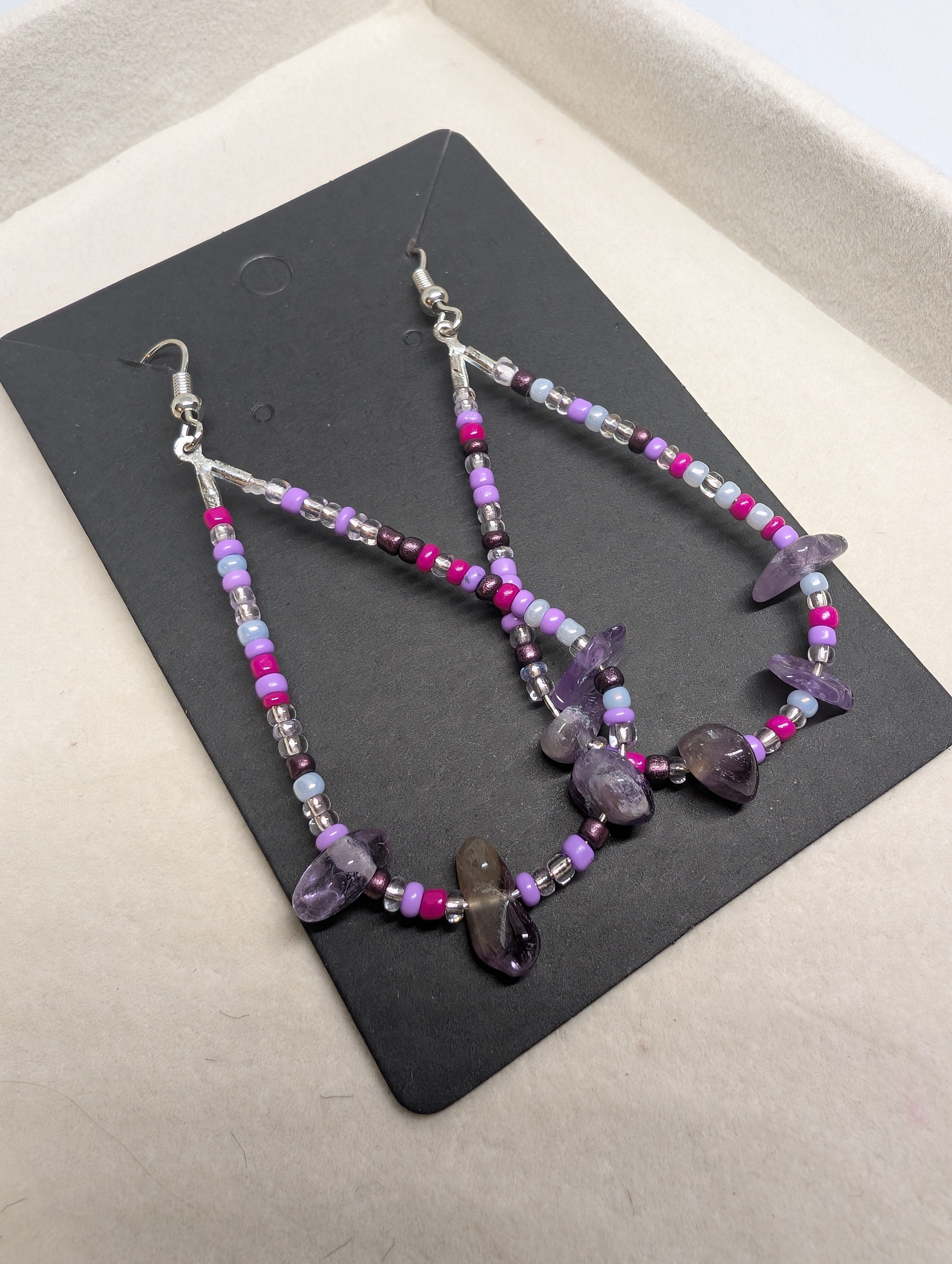 Violet Chip Teardrops, handmade beaded earrings in purple, pink, blue and silver
