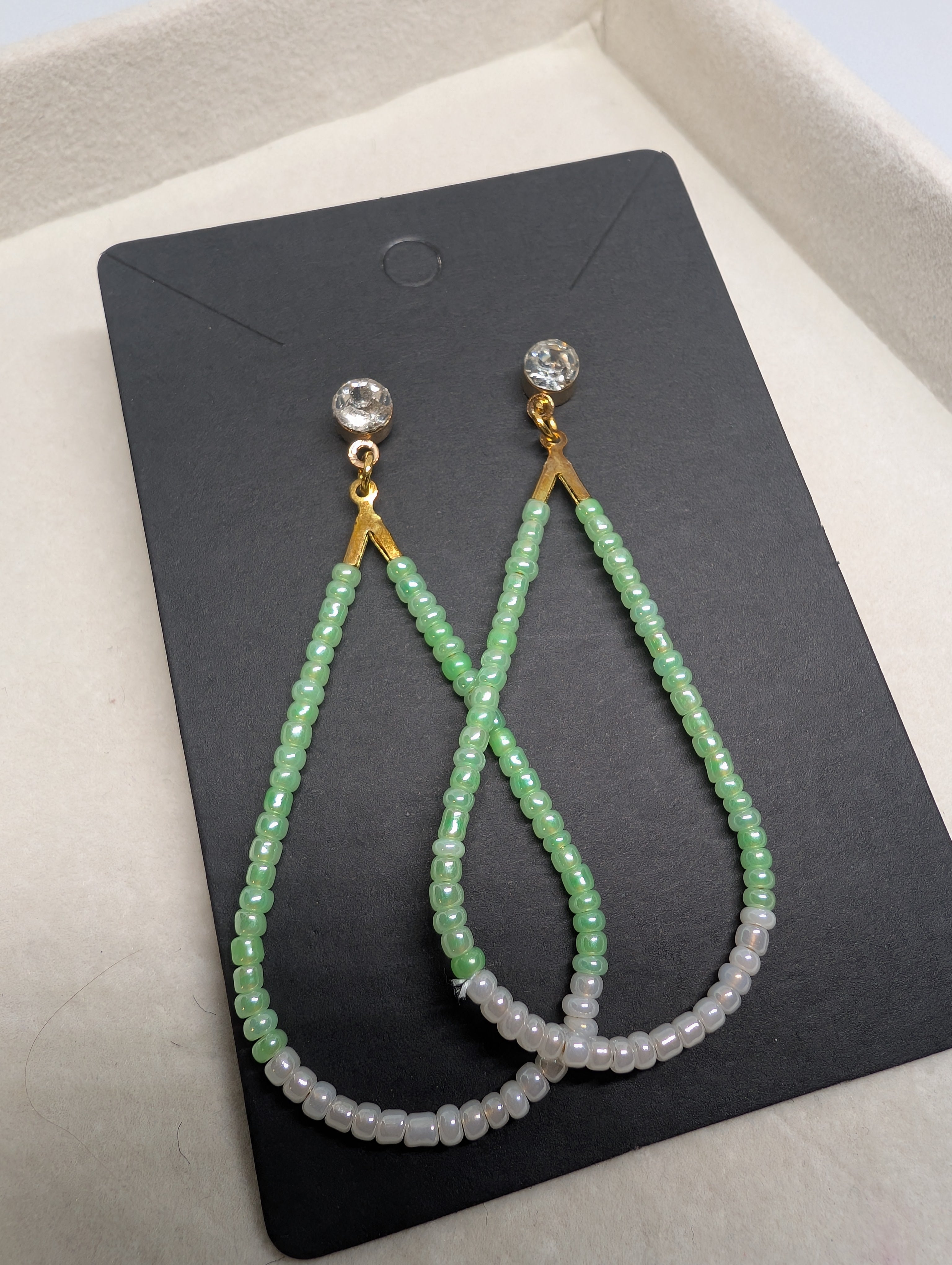 Green Tea Drop Hoops, handmade beaded earrings in green, white and gold