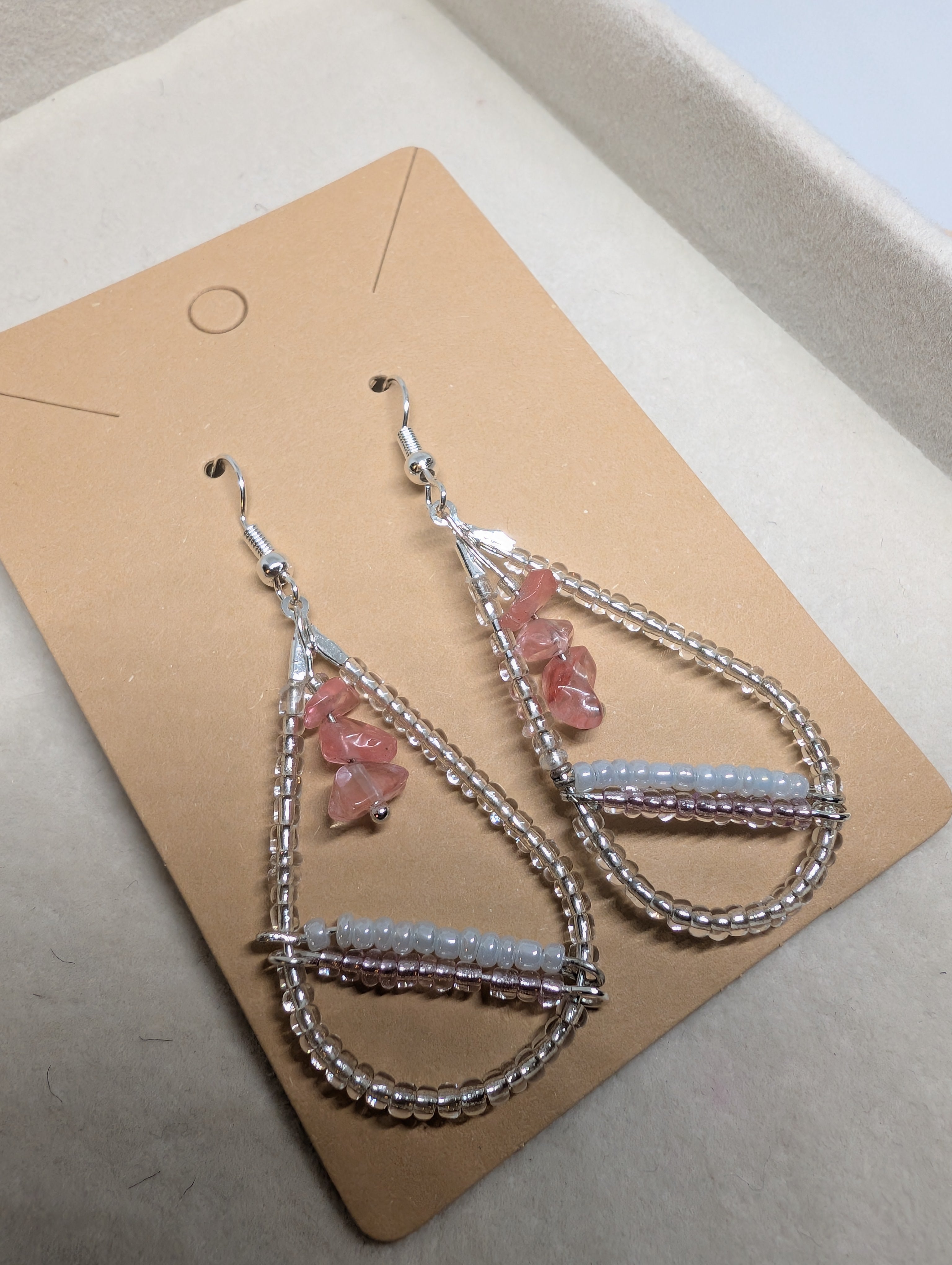 Blossom Bar Teardrops, handmade beaded earrings in clear, pink, white and silver