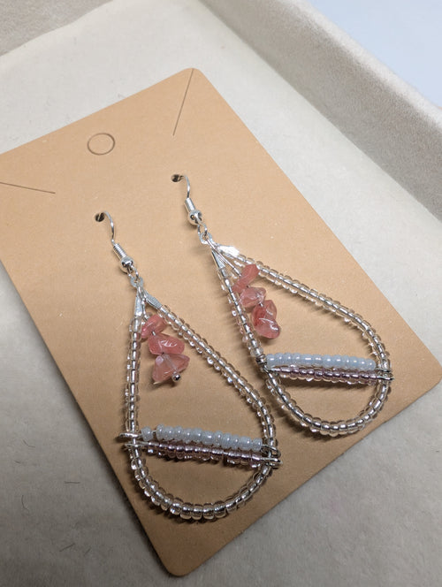 Blossom Bar Teardrops, handmade beaded earrings in clear, pink, white and silver