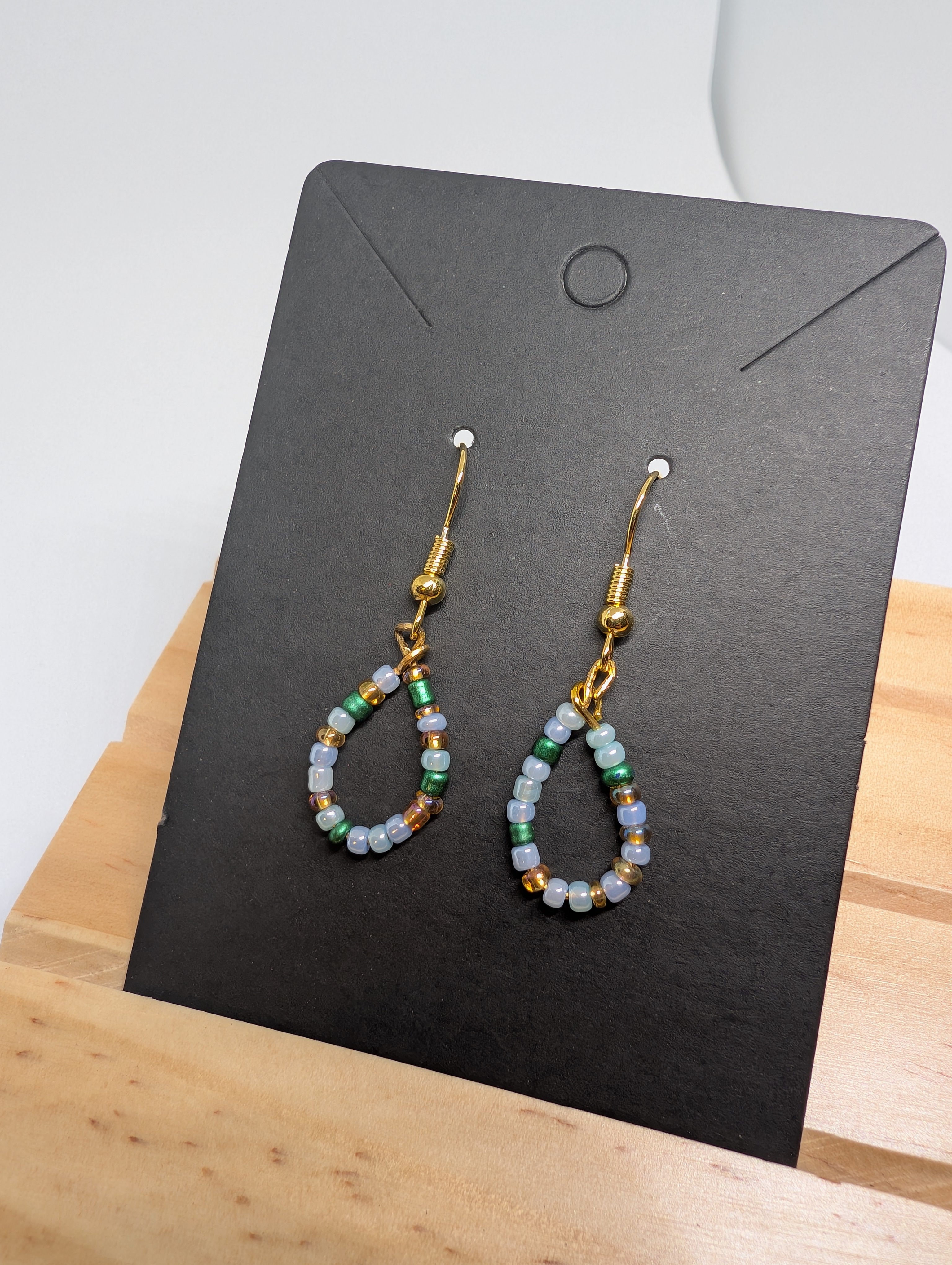 Rockpool Mini Drops, handmade beaded earrings in blue, green and gold