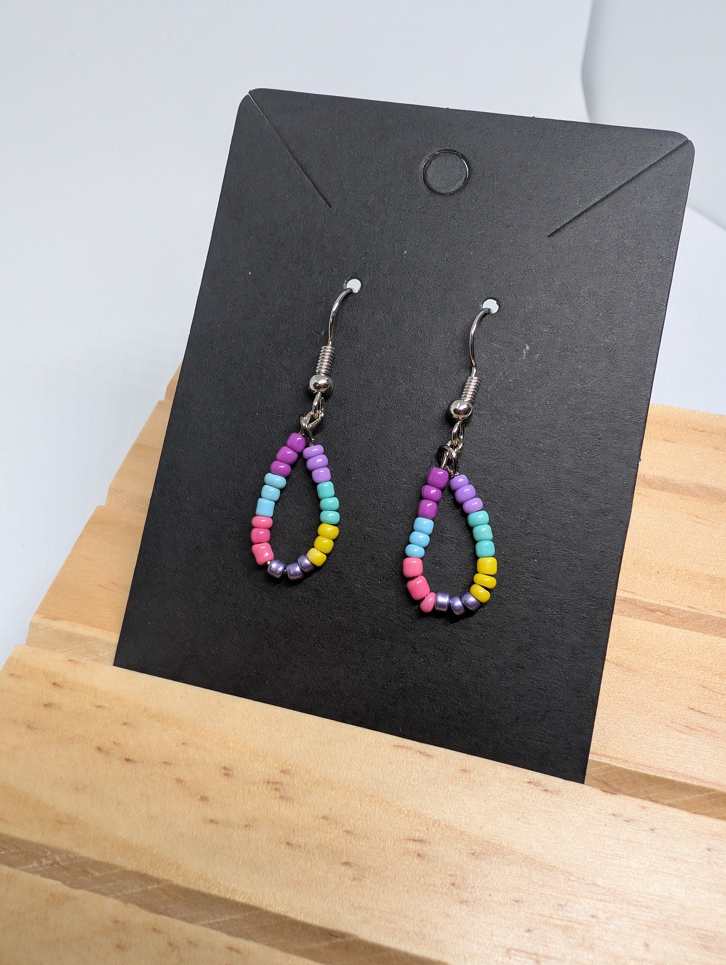 Sweet Shop Teardrops, handmade beaded earrings in multicolour, purple, pink and yellow