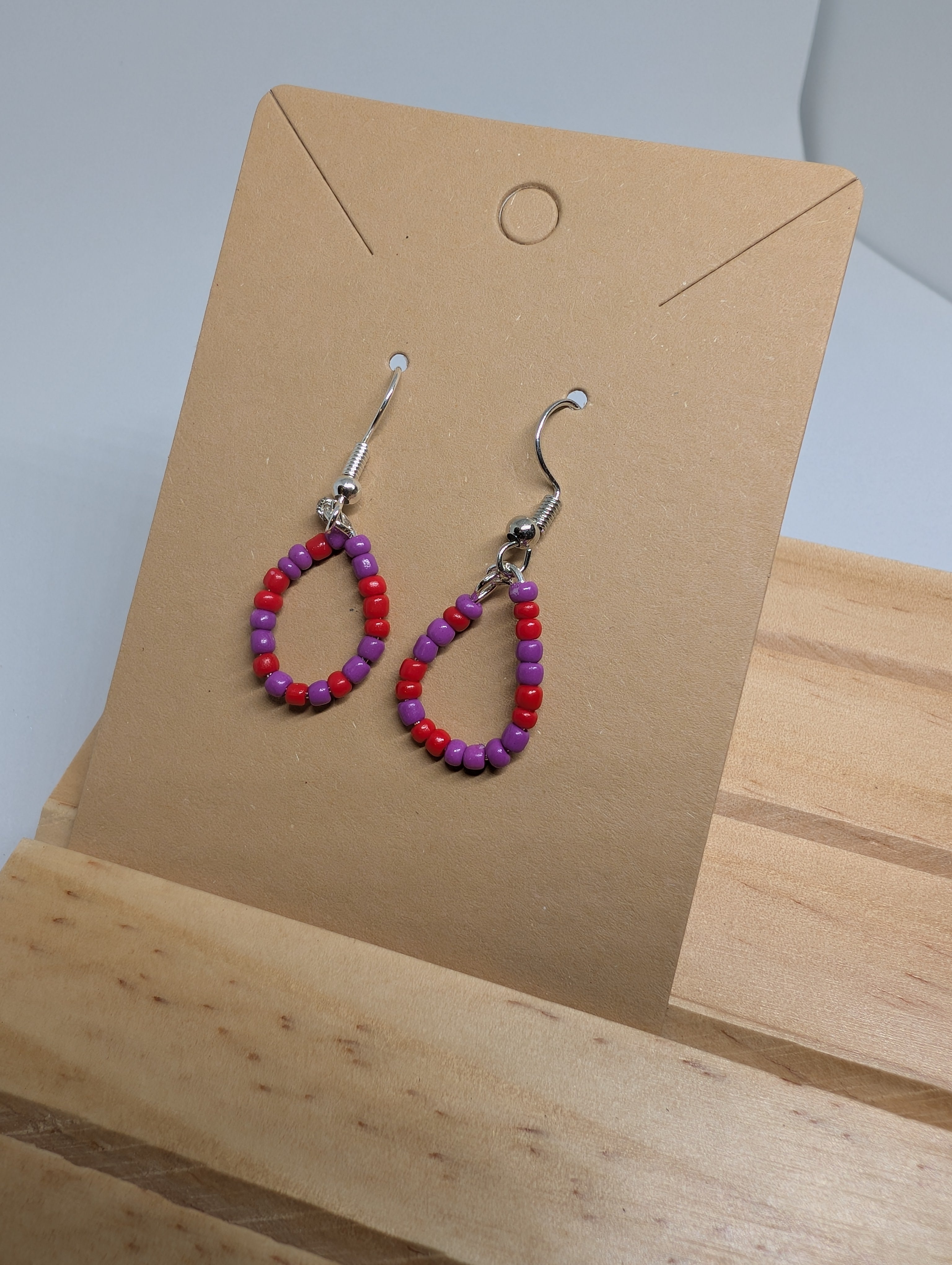 Berry And Flame Loops, handmade beaded earrings in red, purple and silver