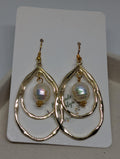 Double Gold Pearl Hoops, handmade beaded earrings in gold and white