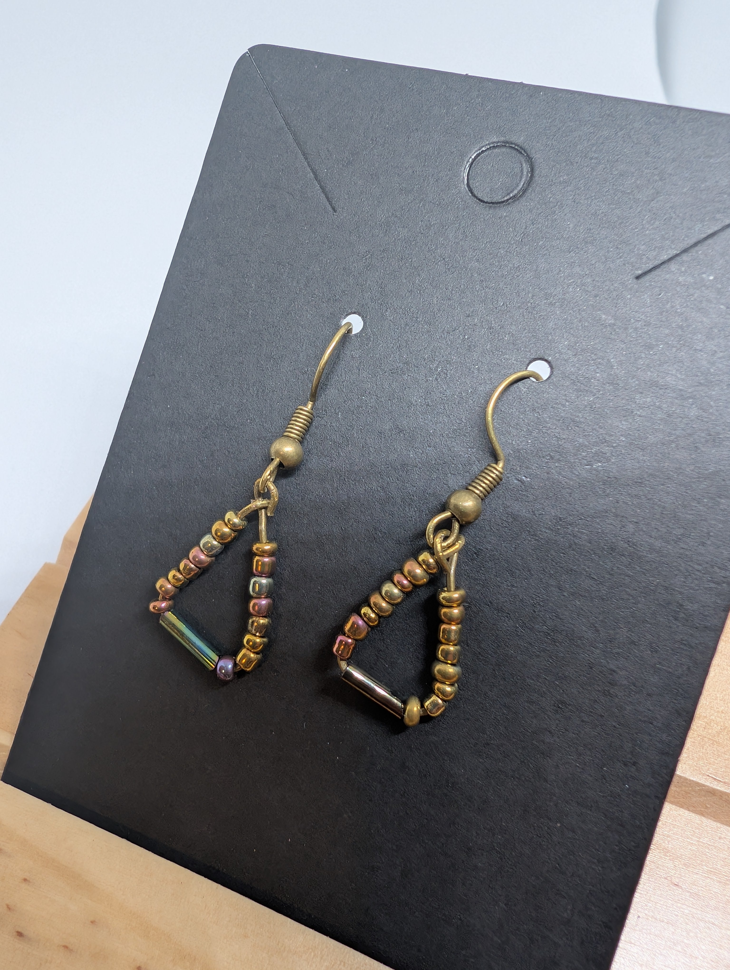 Bronze Ladder Teardrops, handmade beaded earrings in bronze, gold and pink