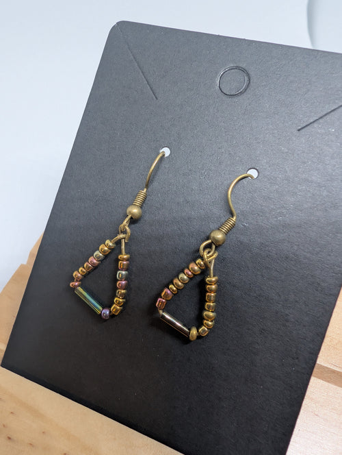Bronze Ladder Teardrops, handmade beaded earrings in bronze, gold and pink