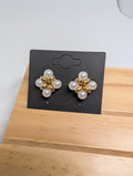 Pearl Blossom Studs, handmade beaded earrings in white and gold