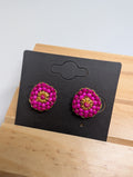 Magenta Bloom Rounds, handmade beaded earrings in pink, gold and yellow