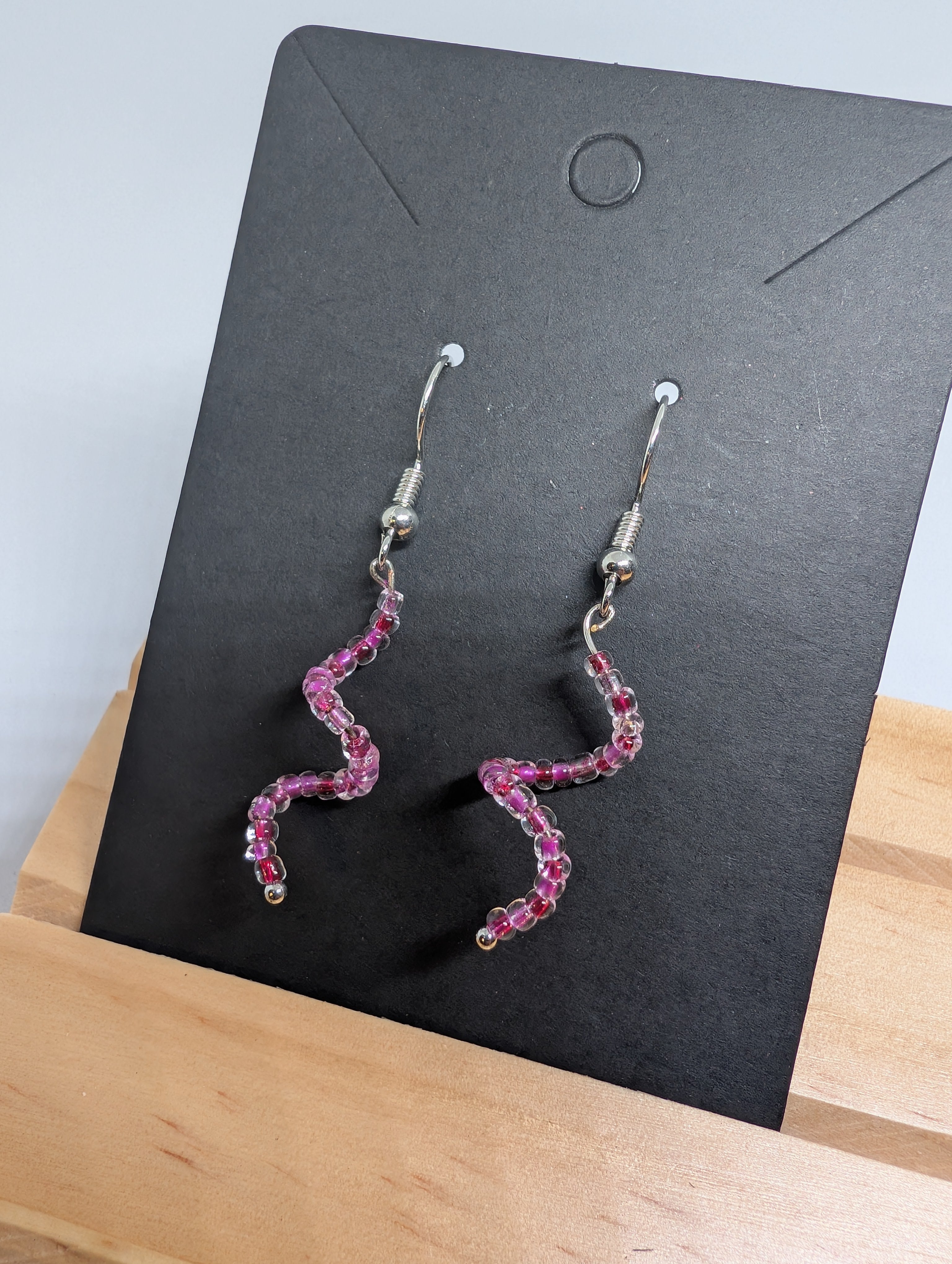 Pink Ribbon Zigzag, handmade beaded earrings in pink, clear and silver