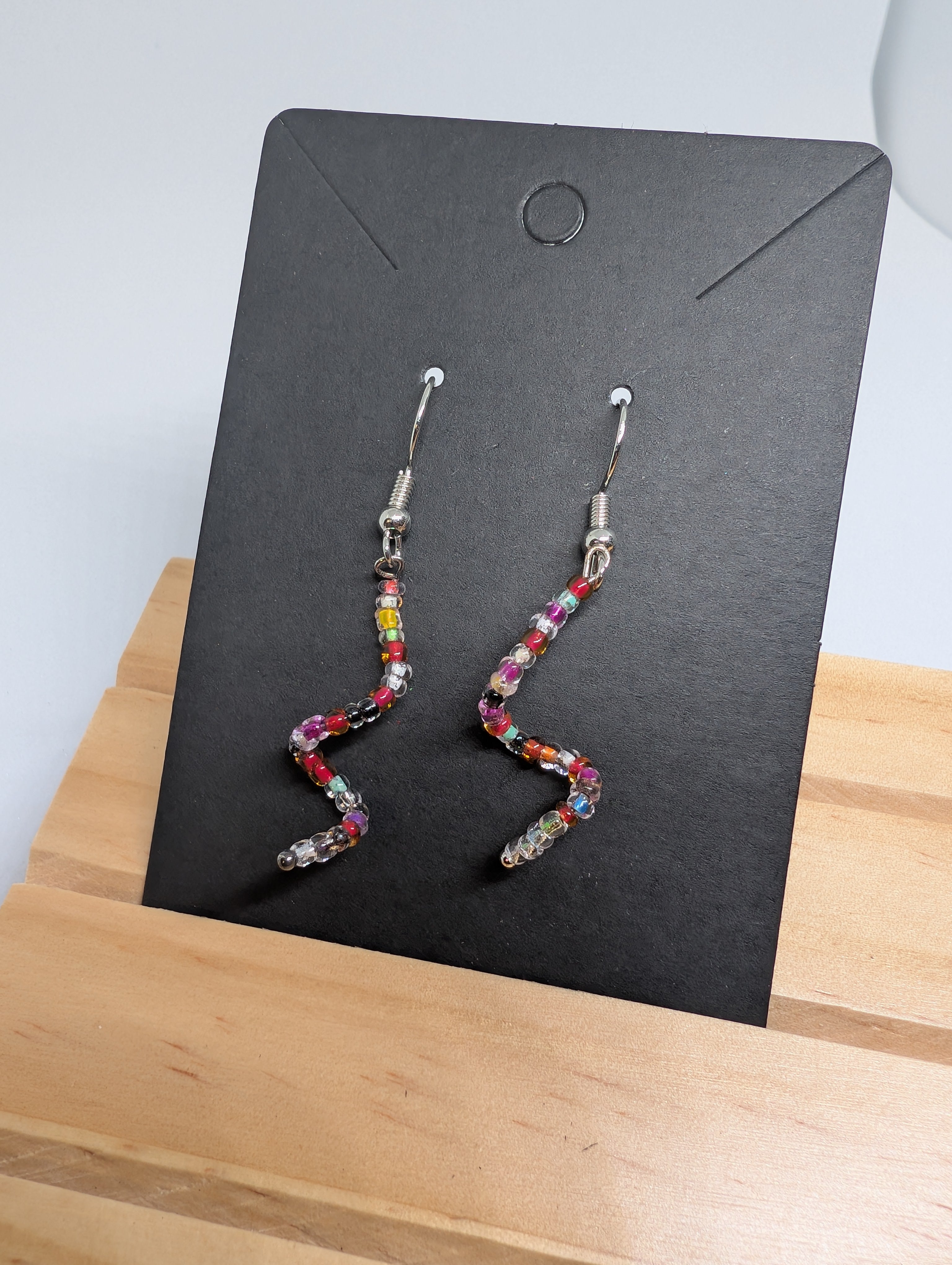 Confetti Zigzag Drops, handmade beaded earrings in multicolour, red and silver