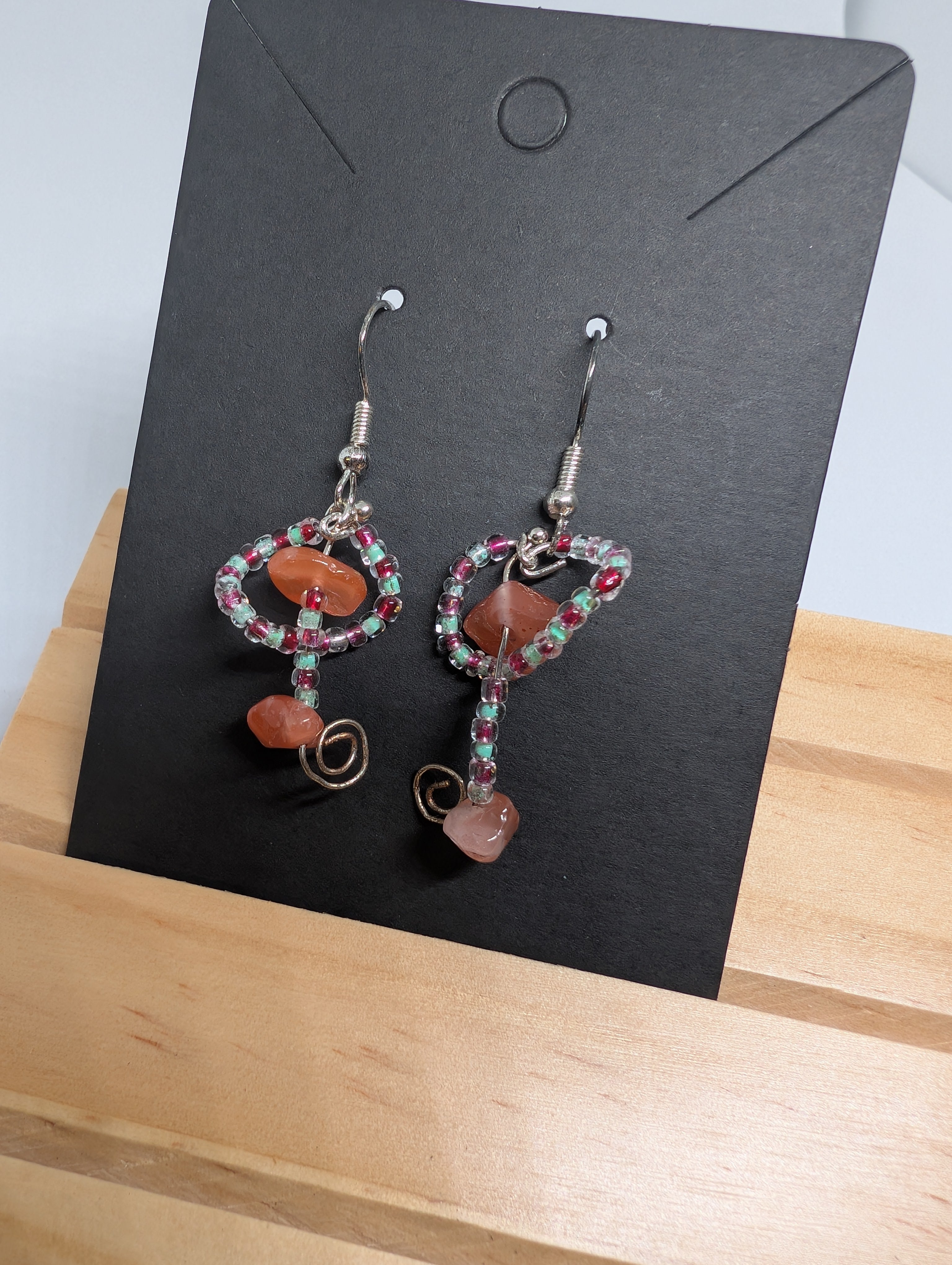 Carnelian Key Dangles, handmade beaded earrings in orange, pink, green and silver