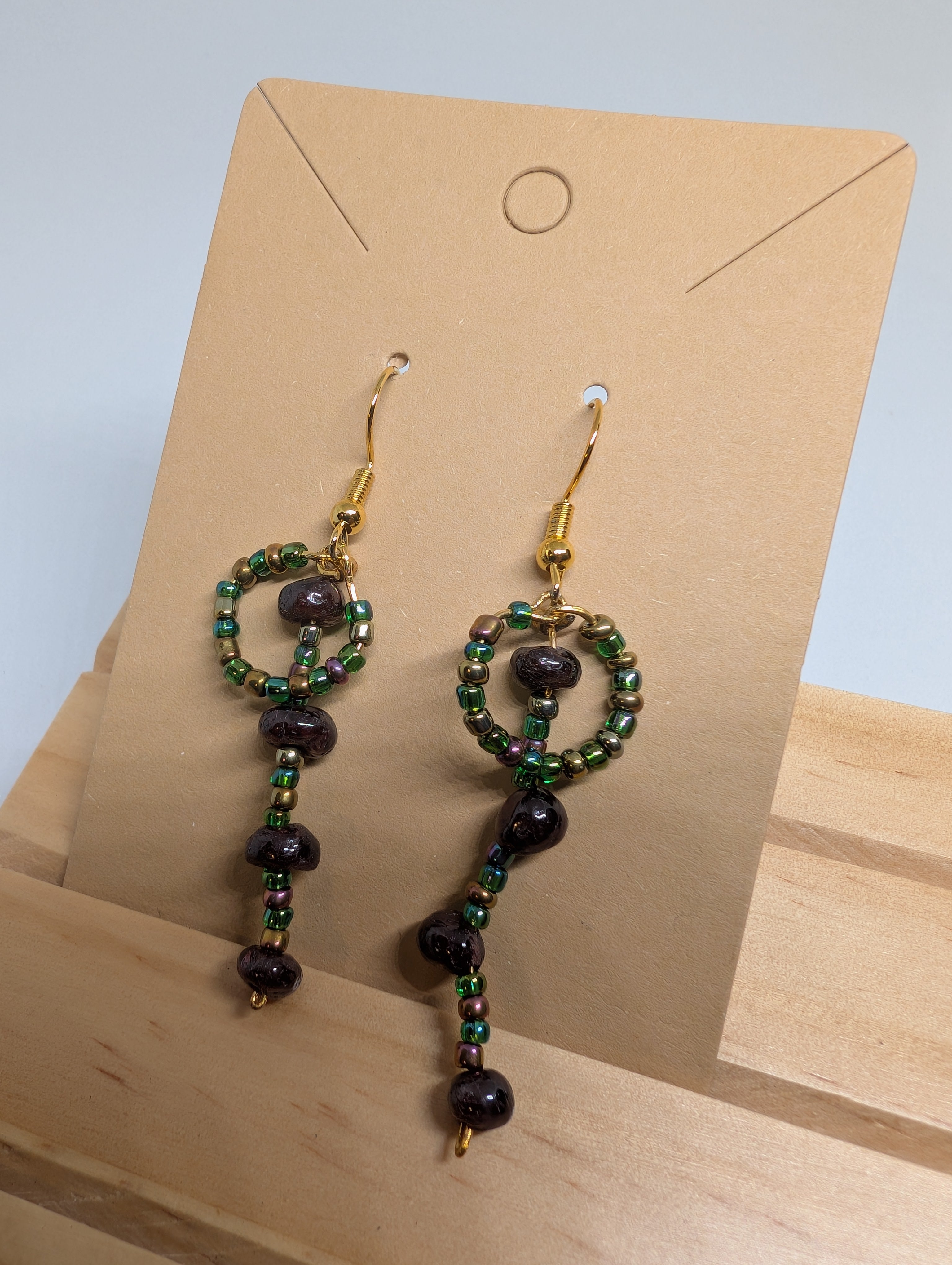 Forest Key Drops, handmade beaded earrings in green, purple, bronze and gold