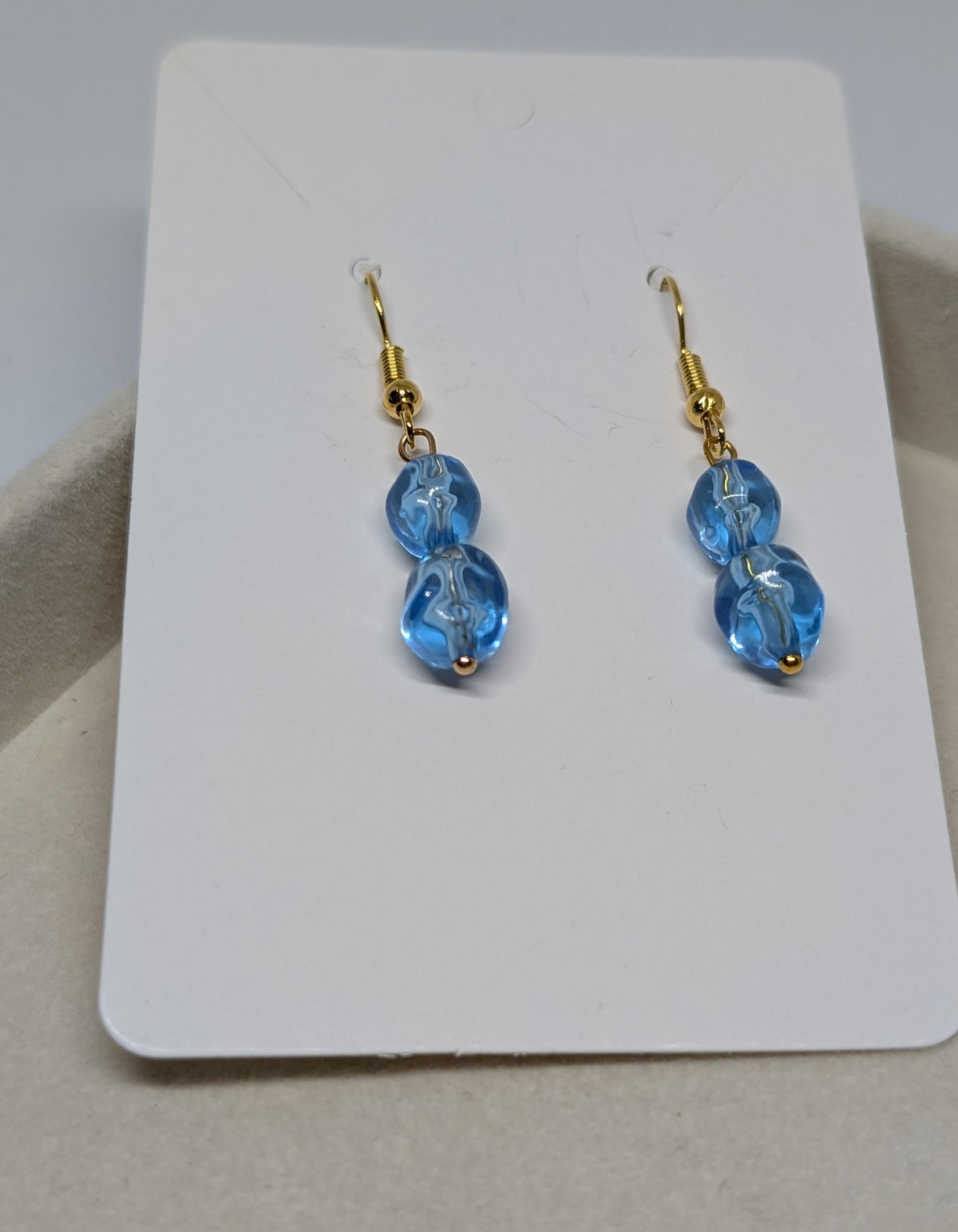 Ice Blue Glass Drops, handmade beaded earrings in blue and gold