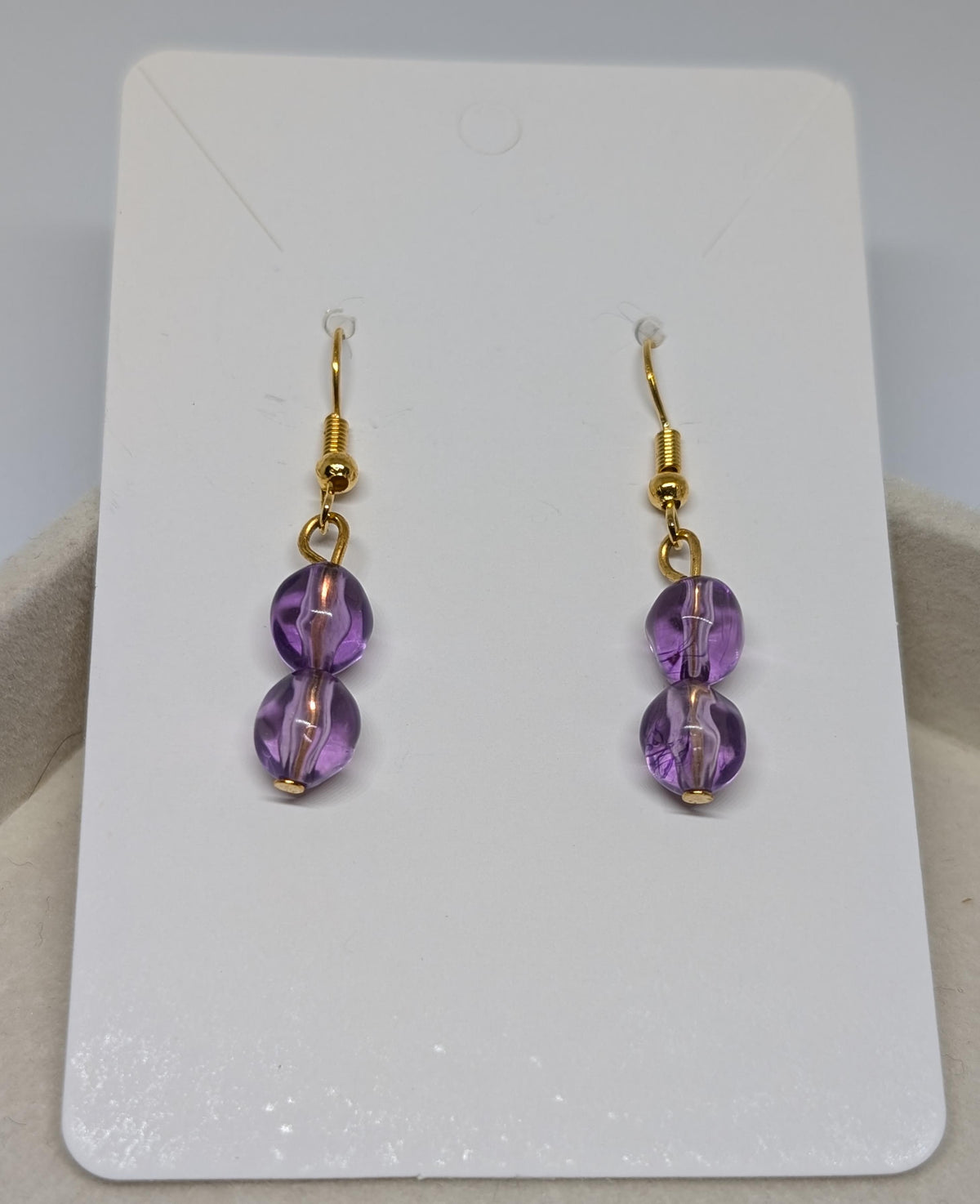 Amethyst Glass Drops, handmade beaded earrings in purple and gold