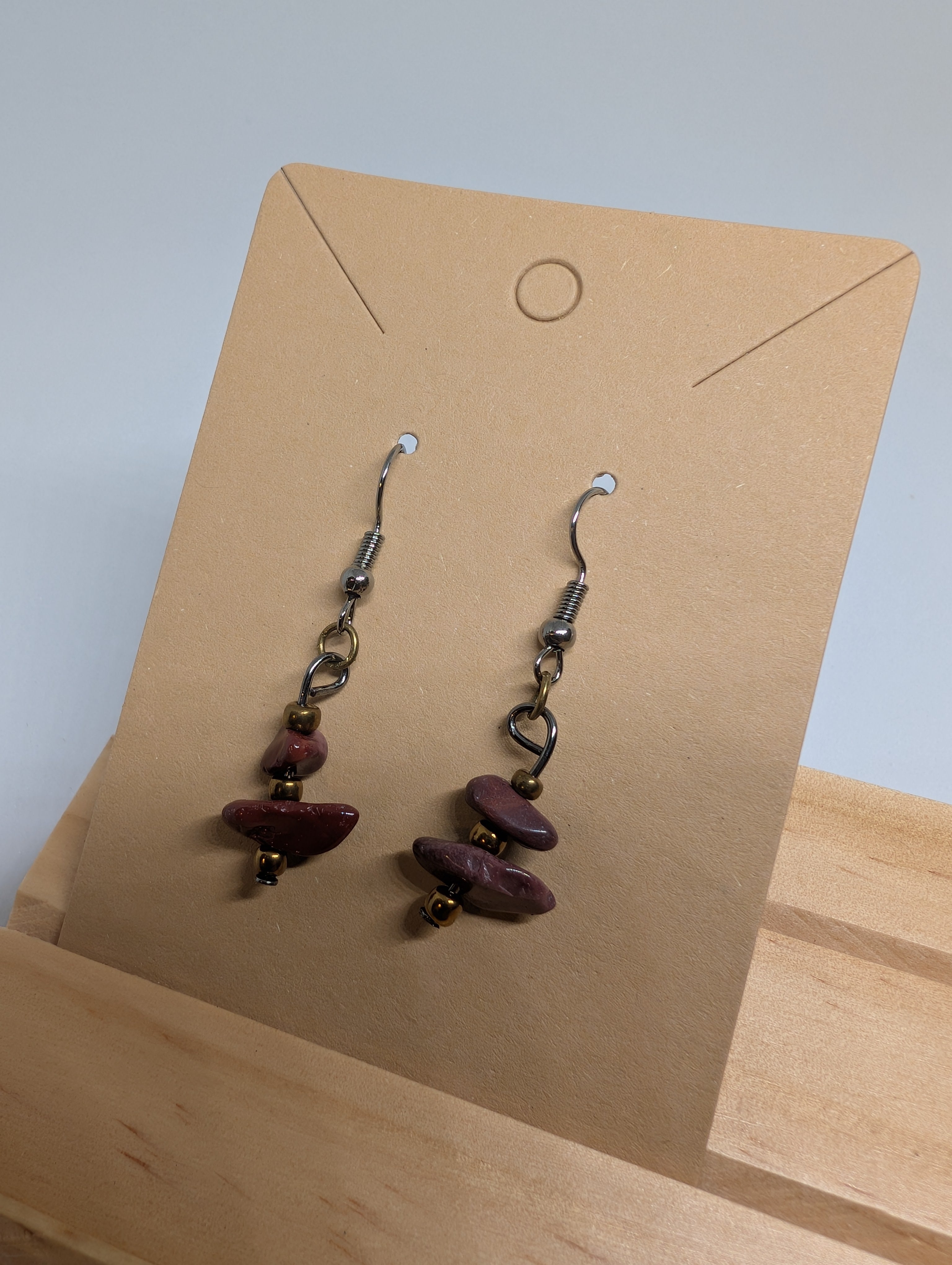 Deep Berry Stone Drops, handmade beaded earrings in red, brown and bronze