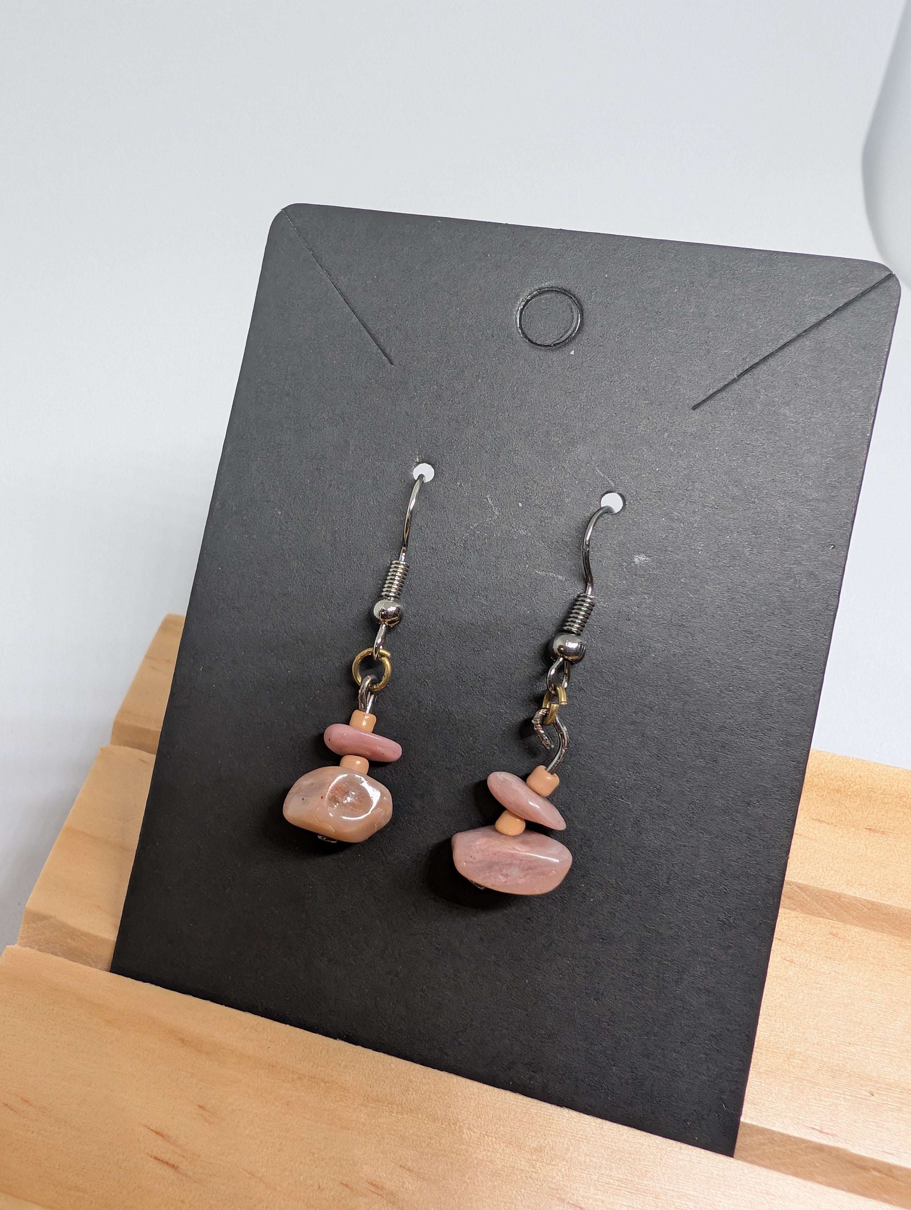 Blush Pebble Drops, handmade beaded earrings in pink, orange and silver