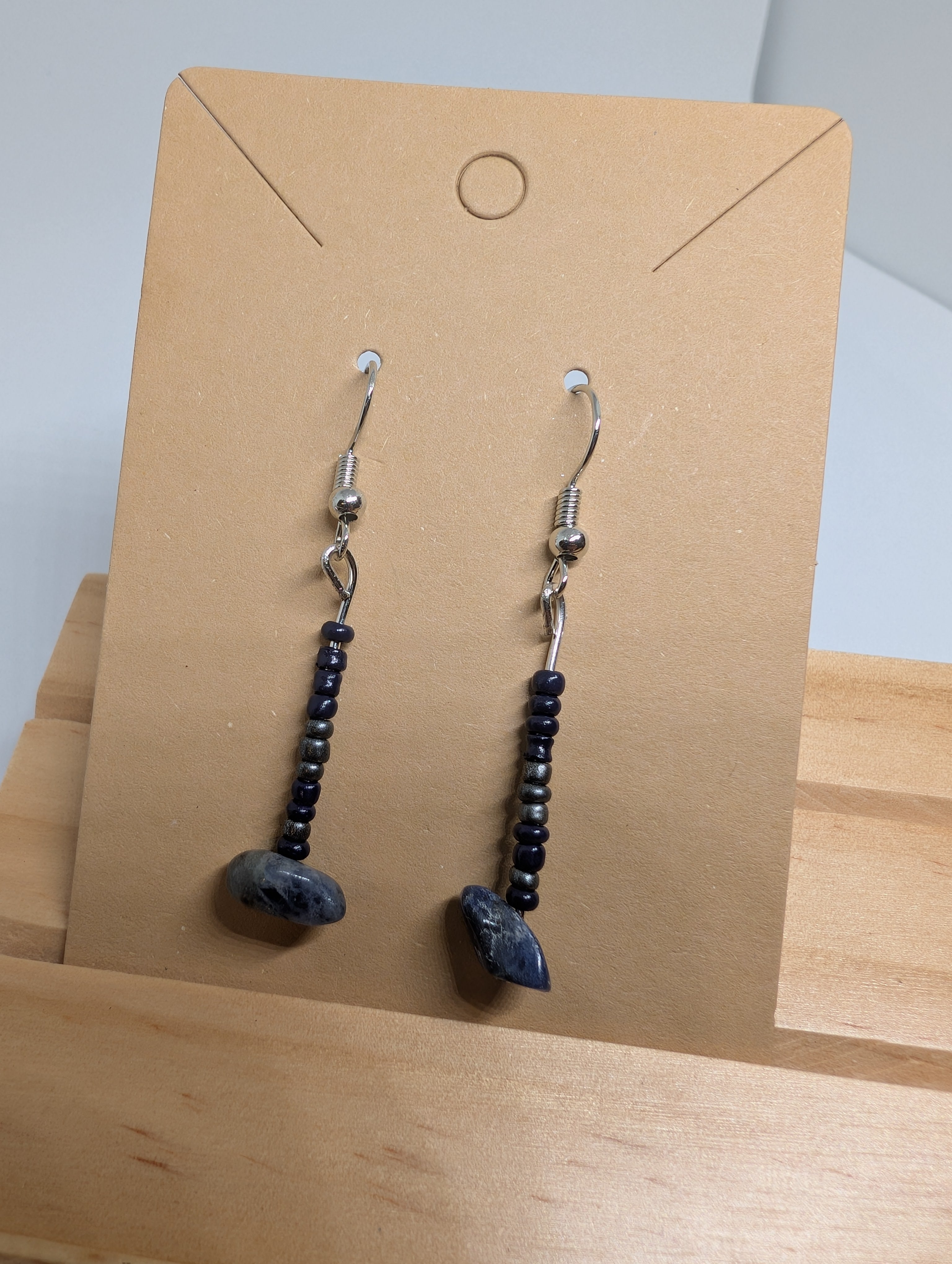 Slate And Ink Drop, handmade beaded earrings in blue, grey and silver