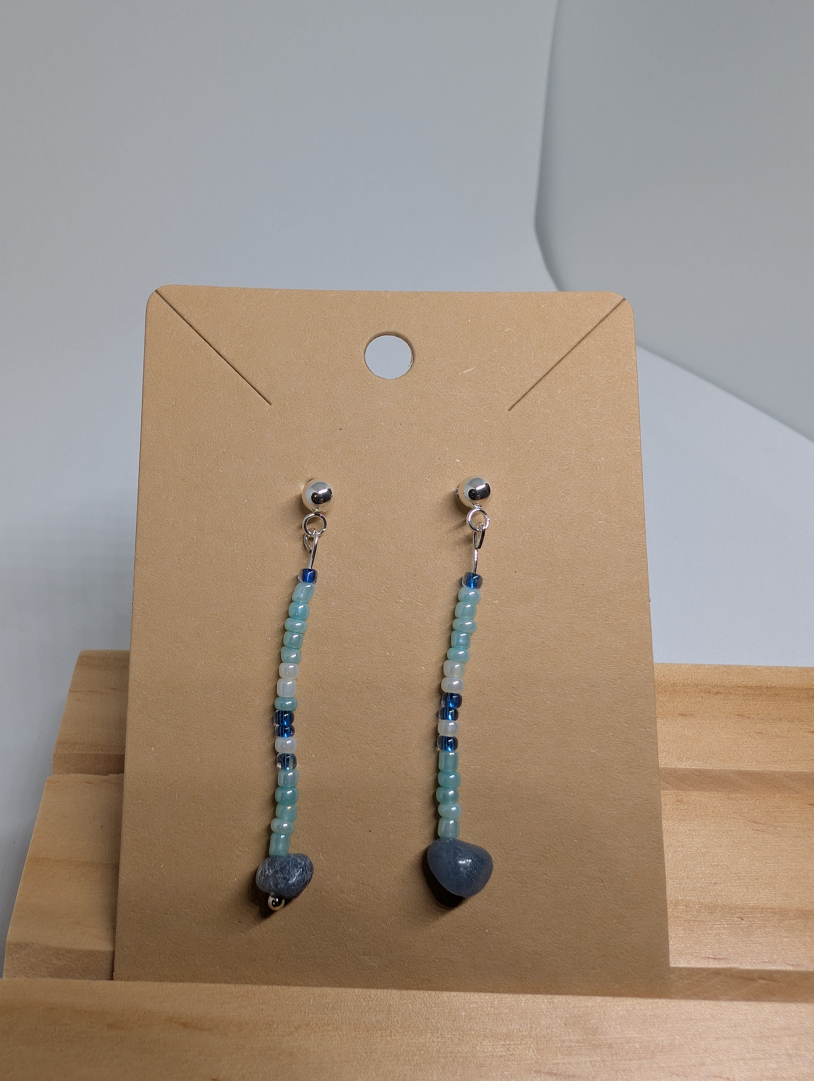 Sea Glass Column, handmade beaded earrings in green, blue, grey and silver