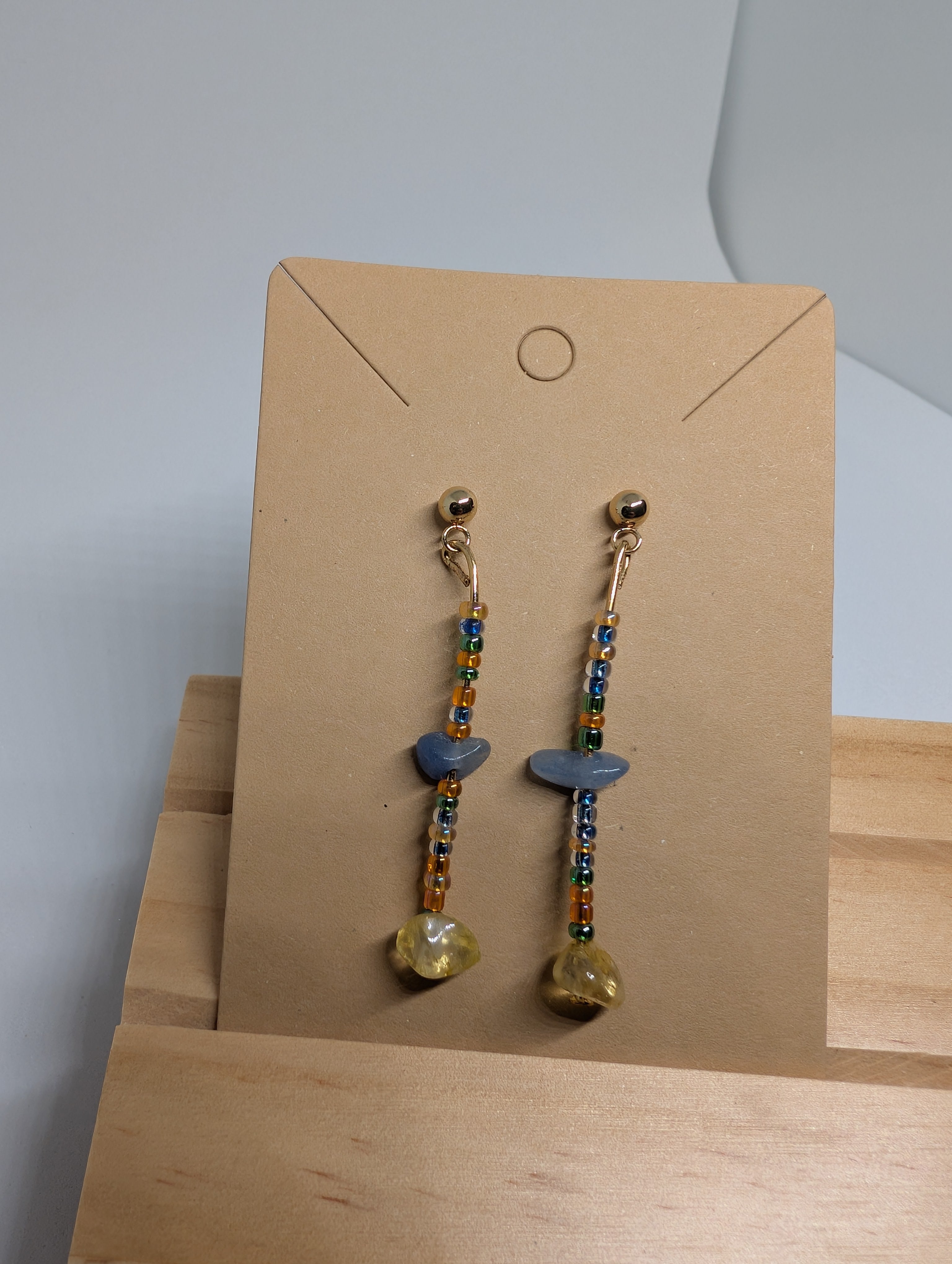 Harbour Lights Drop, handmade beaded earrings in multicolour, blue, yellow and gold
