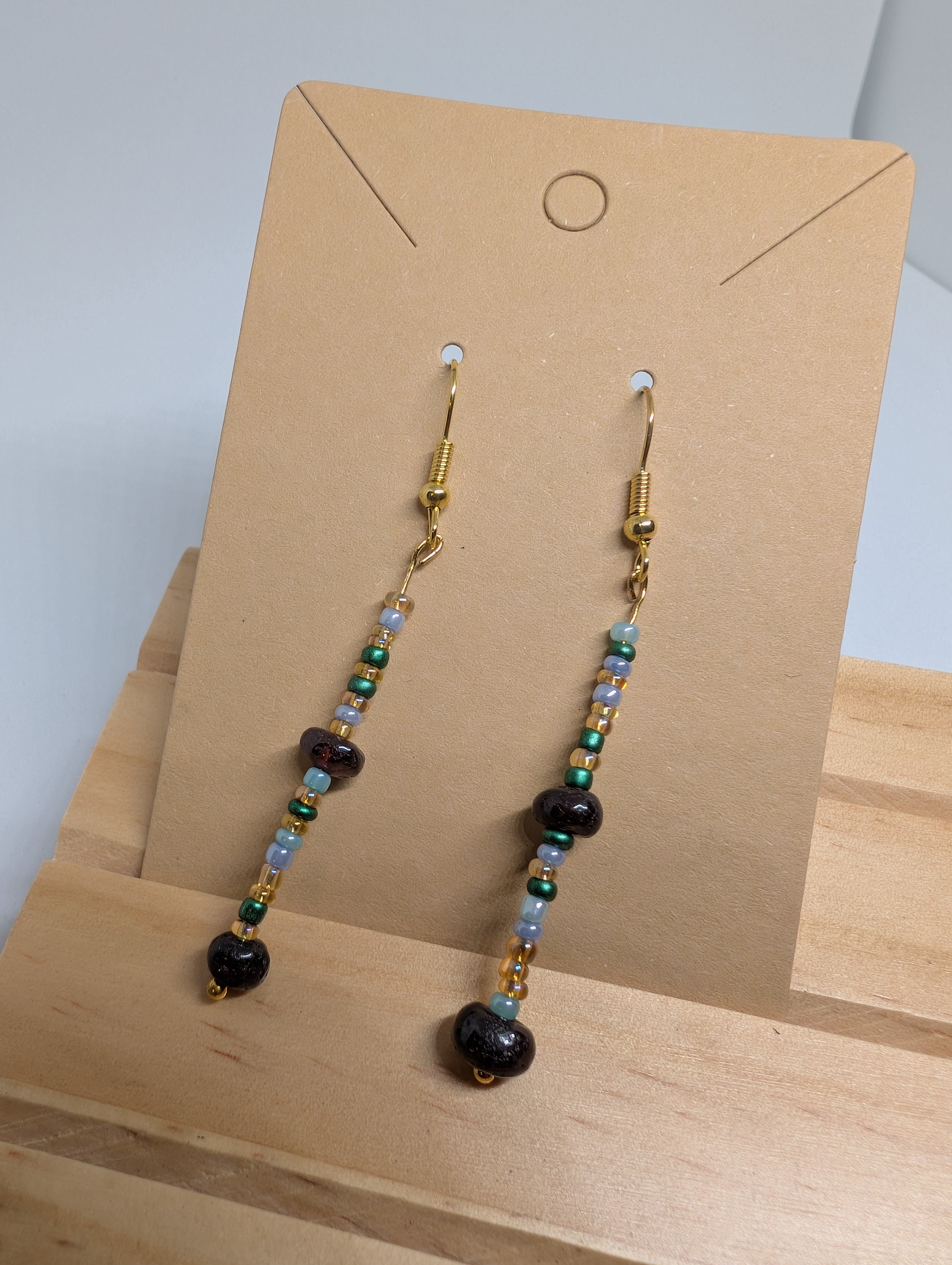 Rockpool Beaded Drop, handmade beaded earrings in blue, green, brown and gold