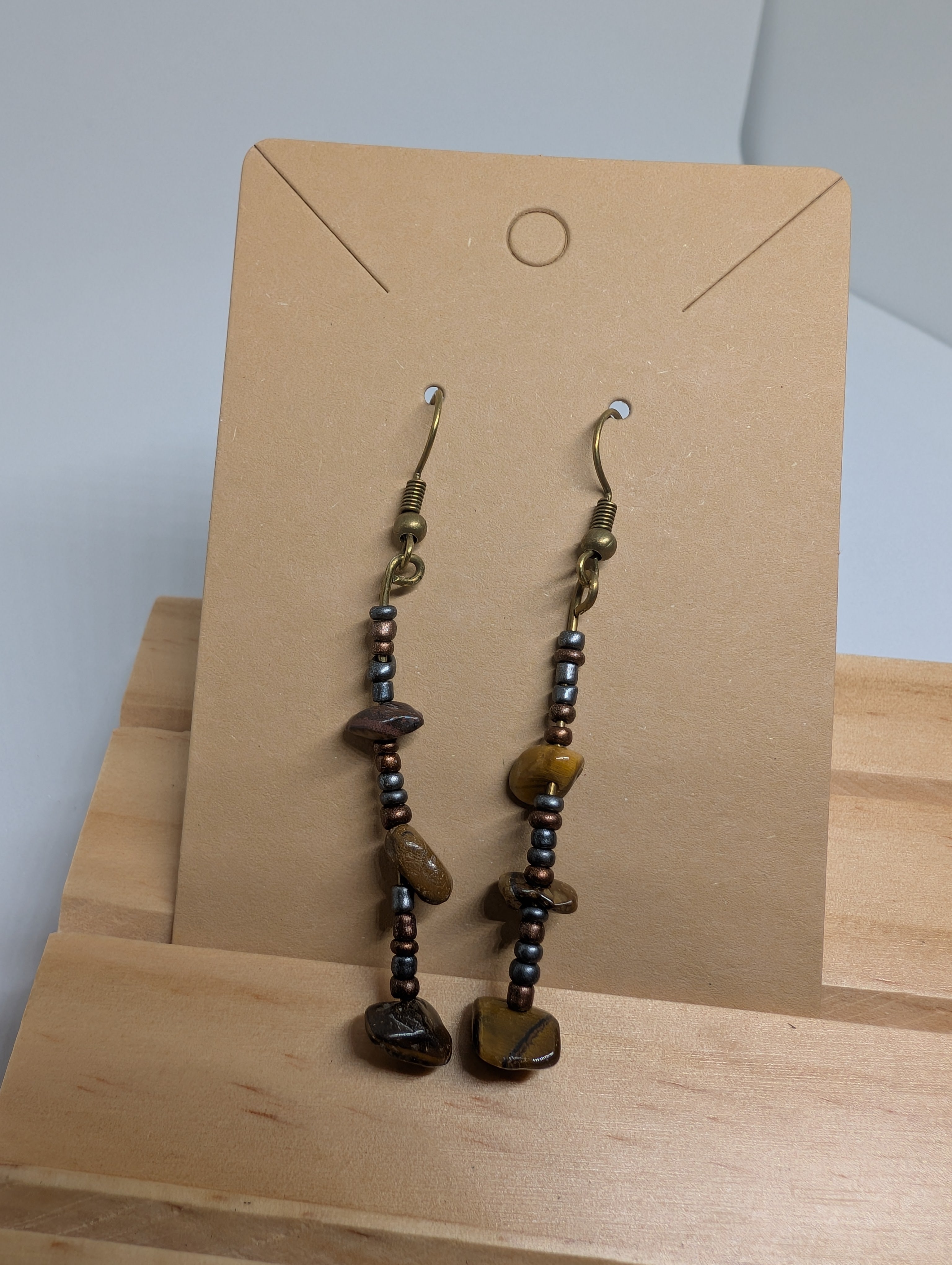 Amber Bark Chips, handmade beaded earrings in brown, gold, grey and bronze