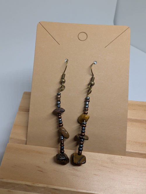 Amber Bark Chips, handmade beaded earrings in brown, gold, grey and bronze