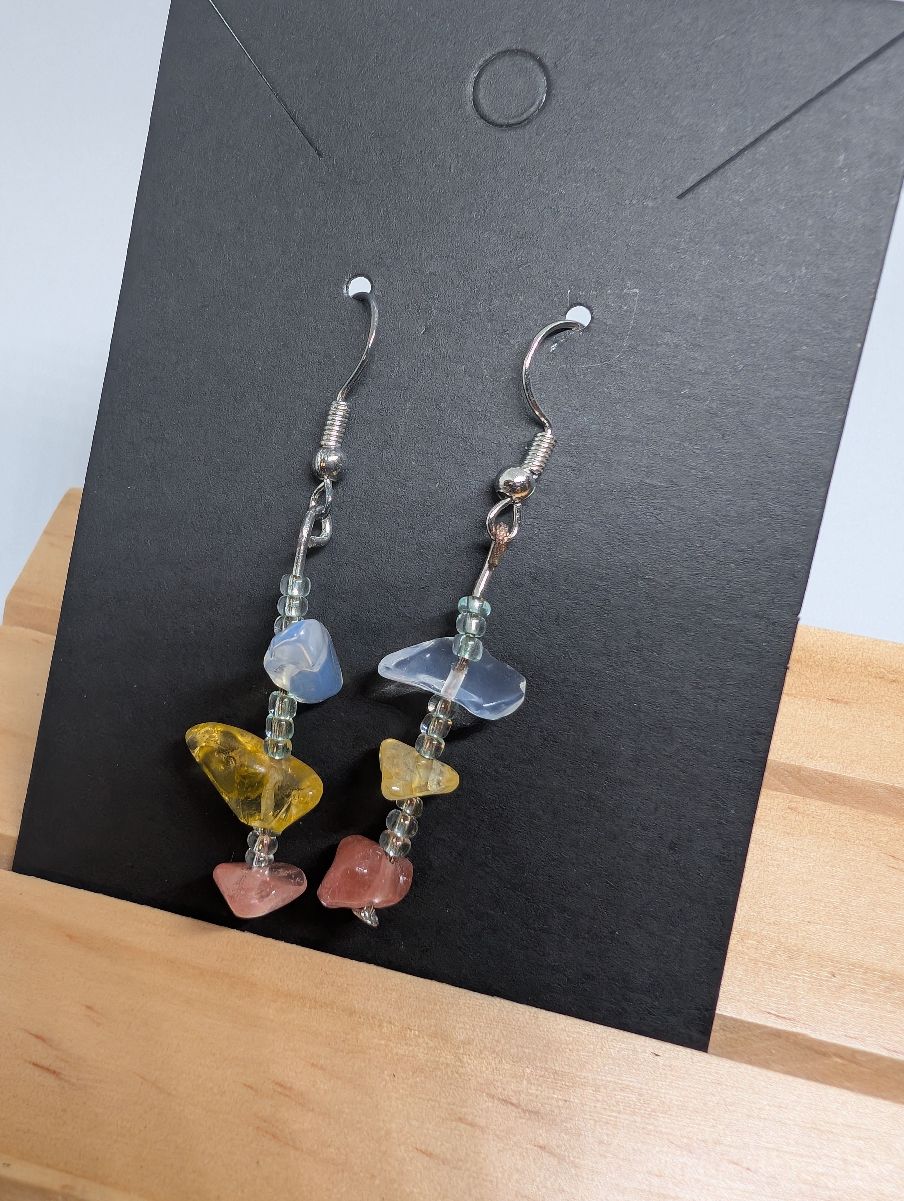Milk Glass Sorbet, handmade beaded earrings in blue, yellow, pink and silver