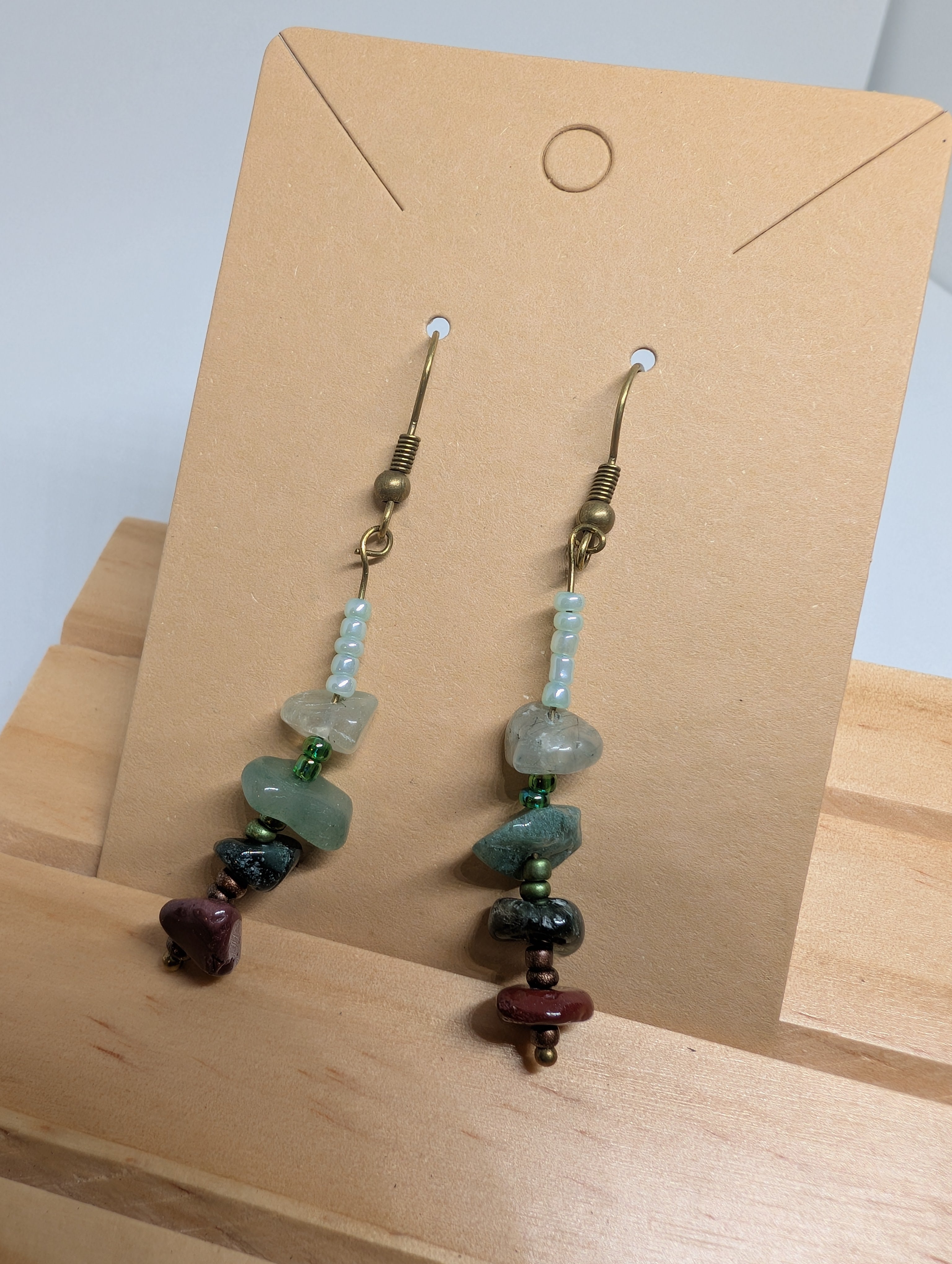 Forest Floor Stack, handmade beaded earrings in green, red, blue and bronze
