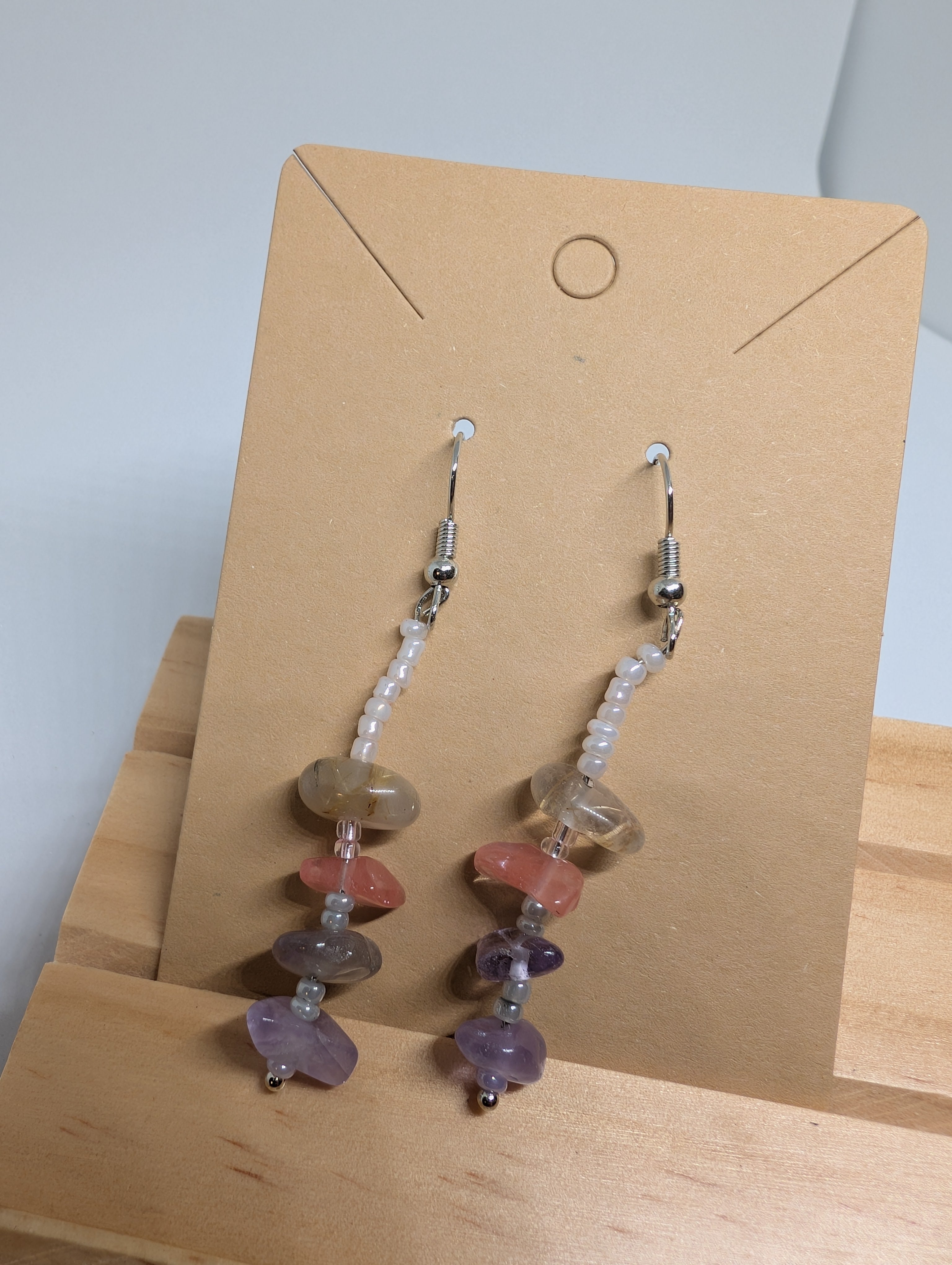 Petal Fade Drop, handmade beaded earrings in white, pink, purple and yellow