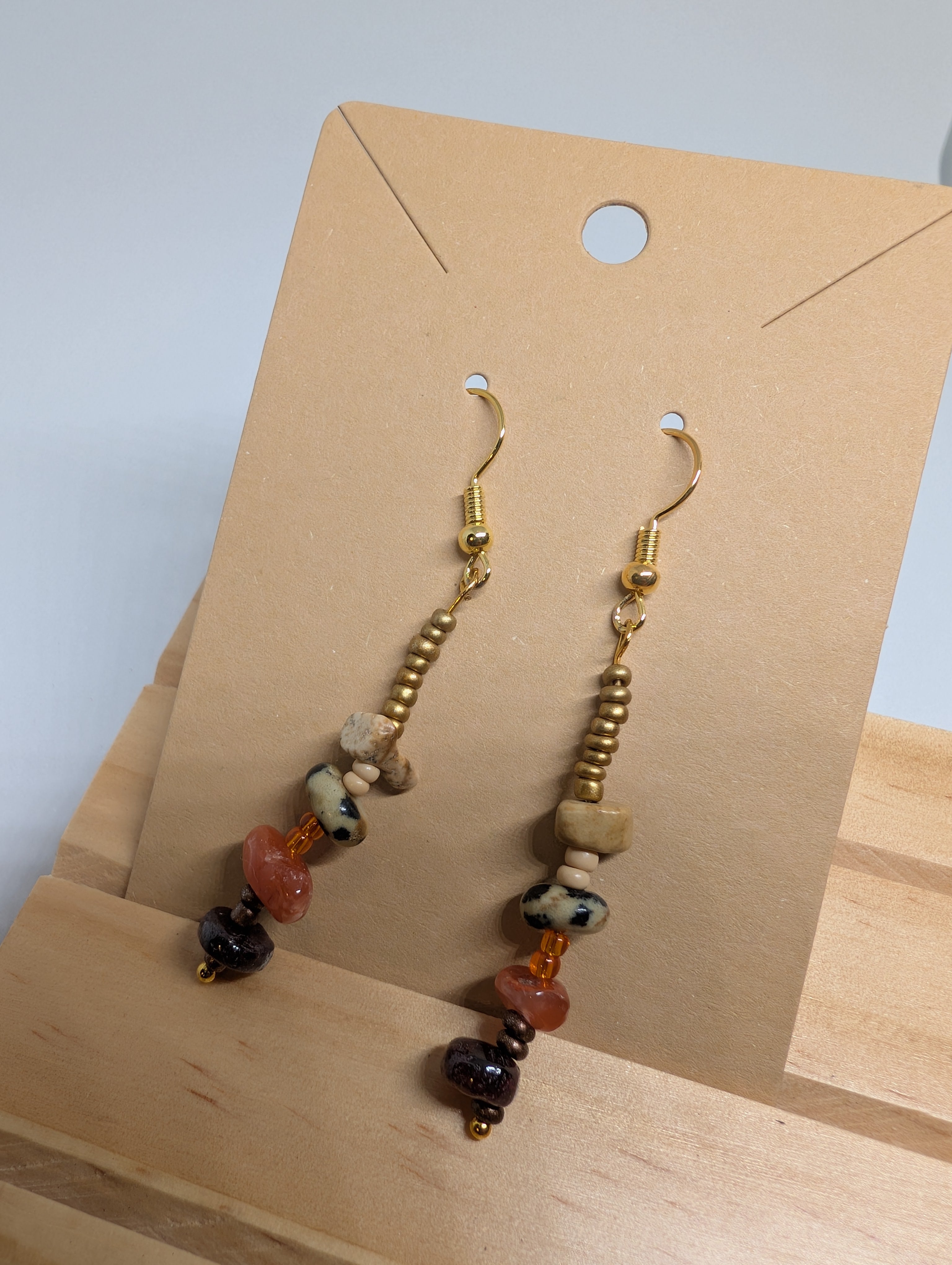Speckled Sunstone Drop, handmade beaded earrings in gold, orange, brown and white
