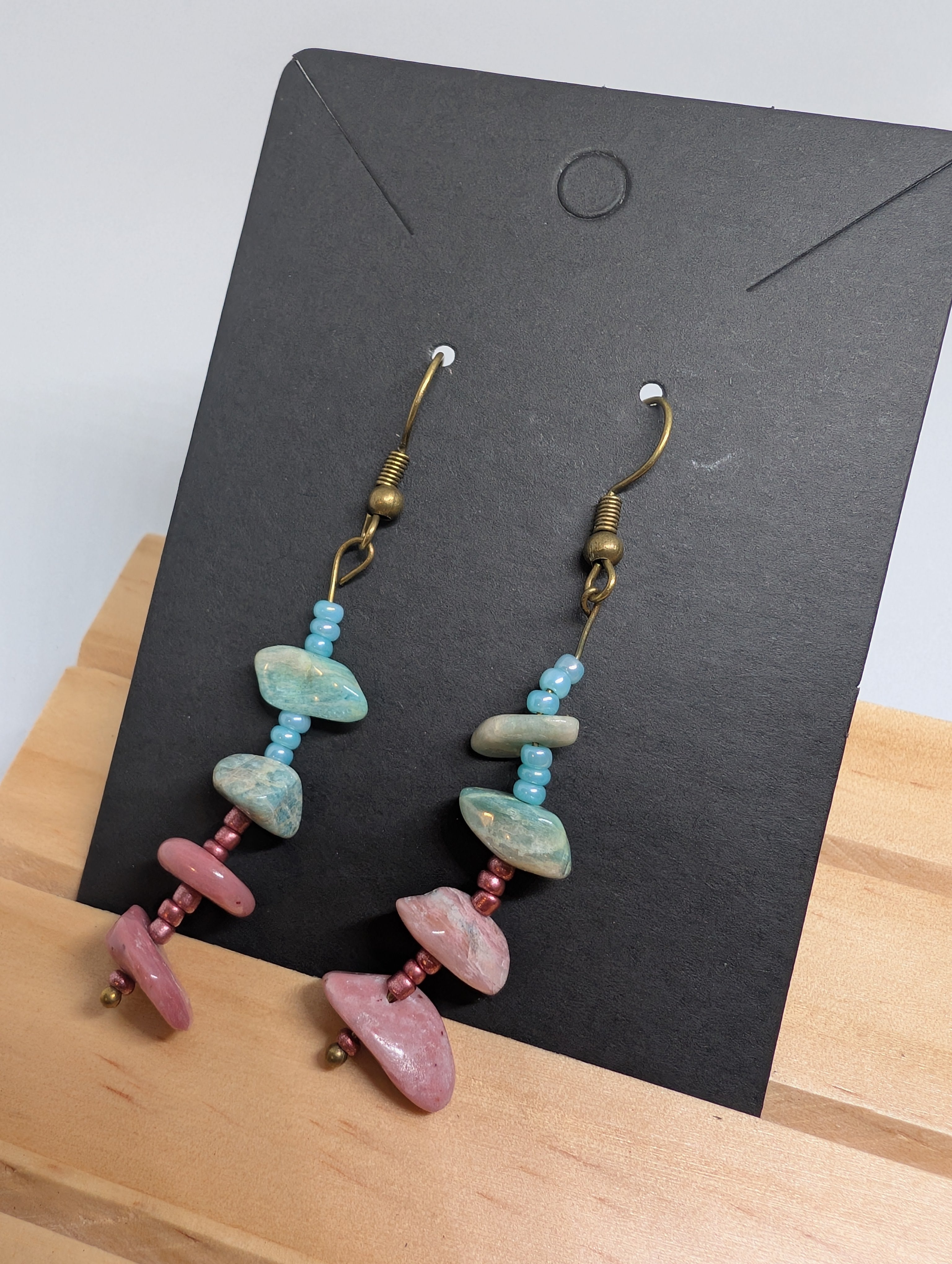 Aqua And Rose Chips, handmade beaded earrings in blue, pink, green and bronze