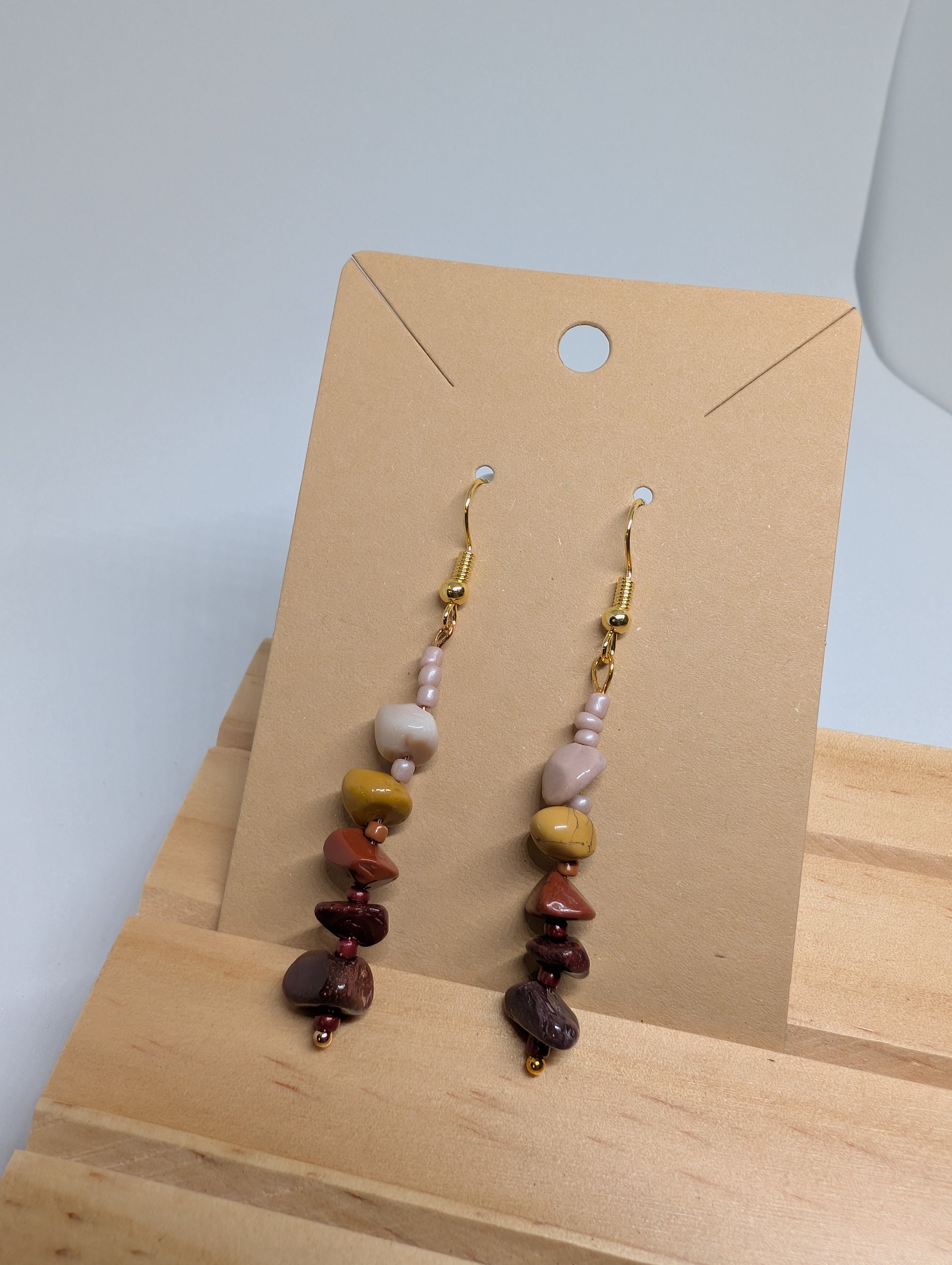 Desert Clay Chip Drops, handmade beaded earrings in brown, yellow, red and pink