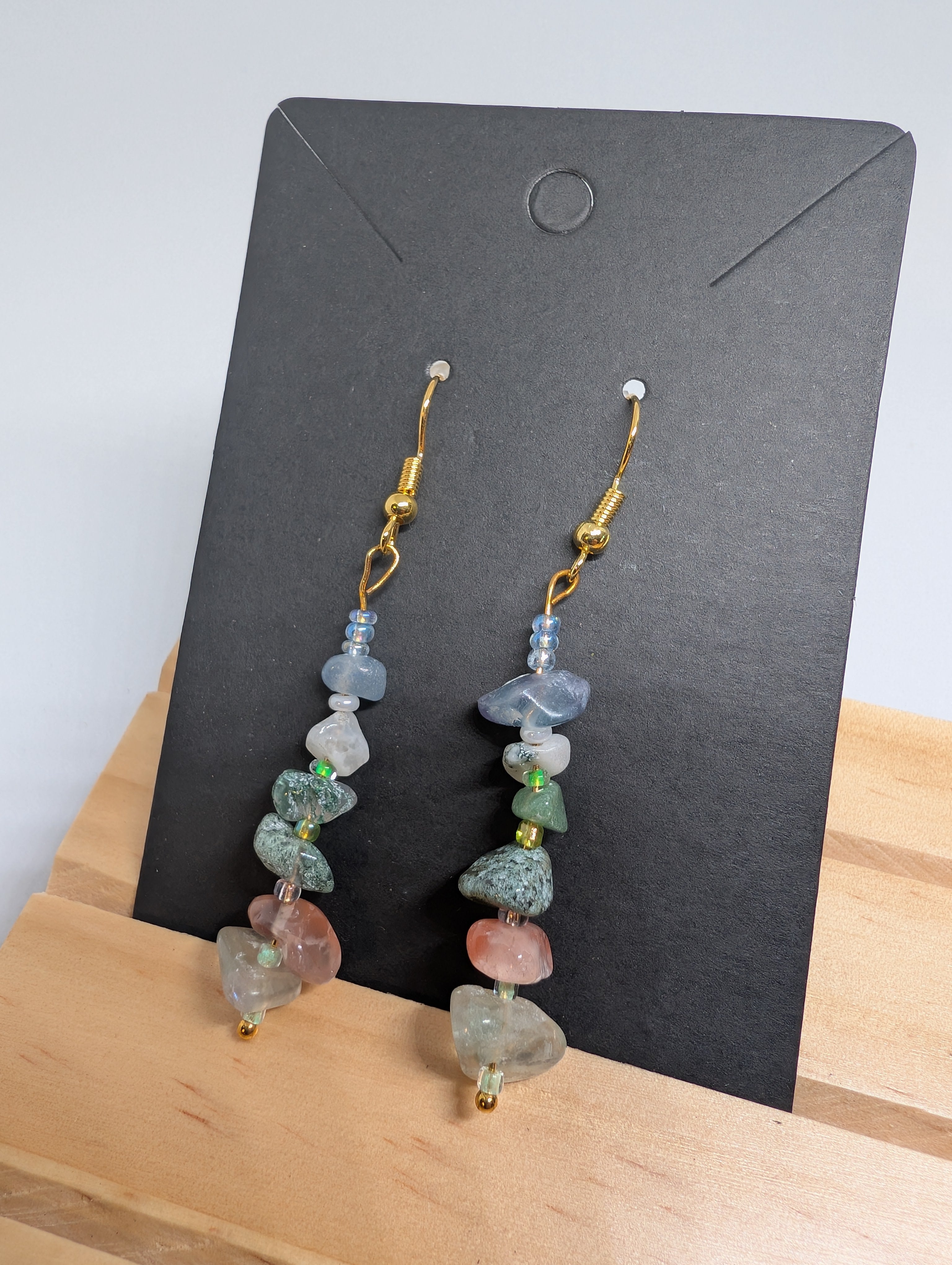 River Stone Stack, handmade beaded earrings in blue, green, pink and white