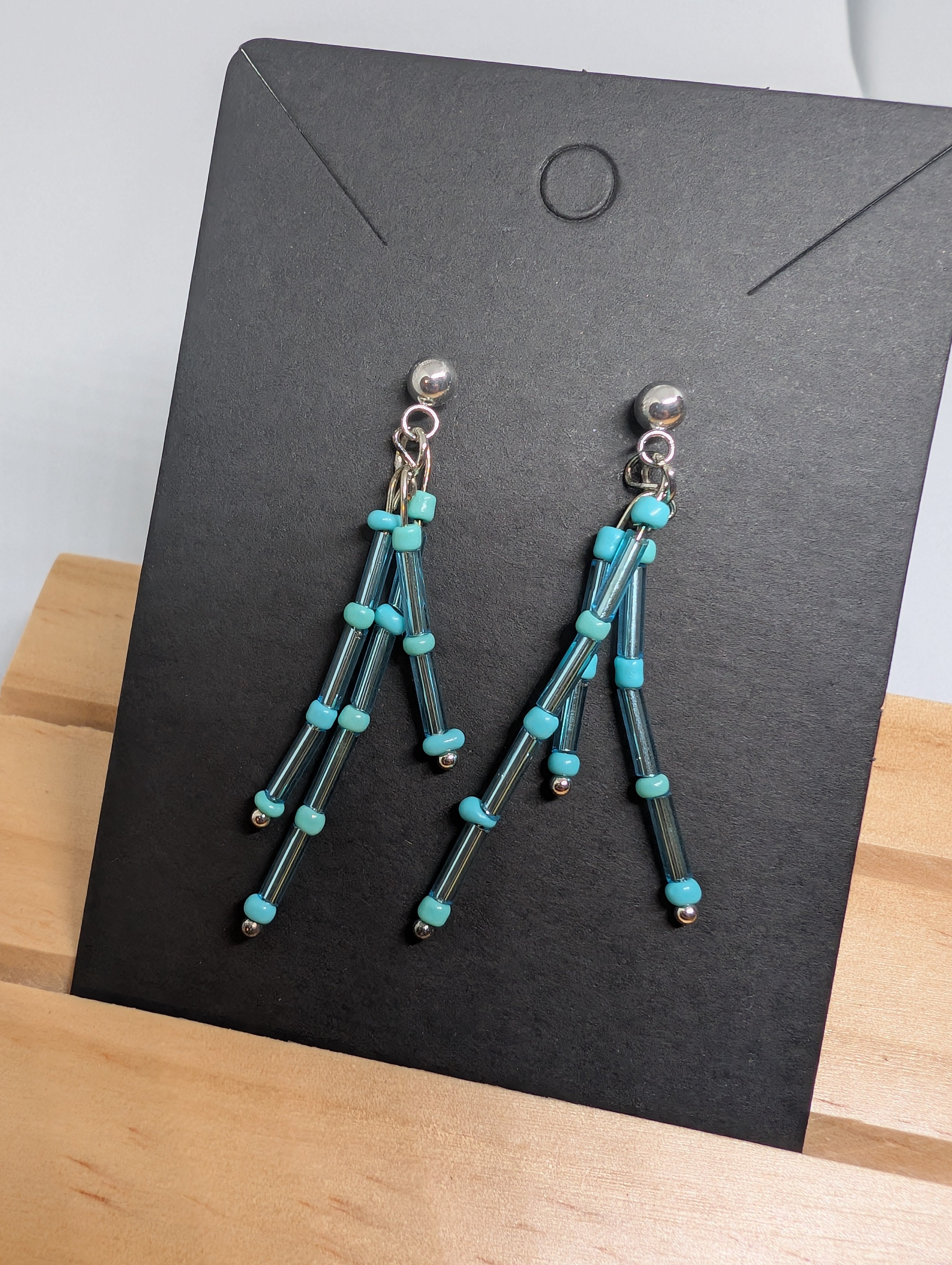 Turquoise Ladder Fringe, handmade beaded earrings in blue, green and silver