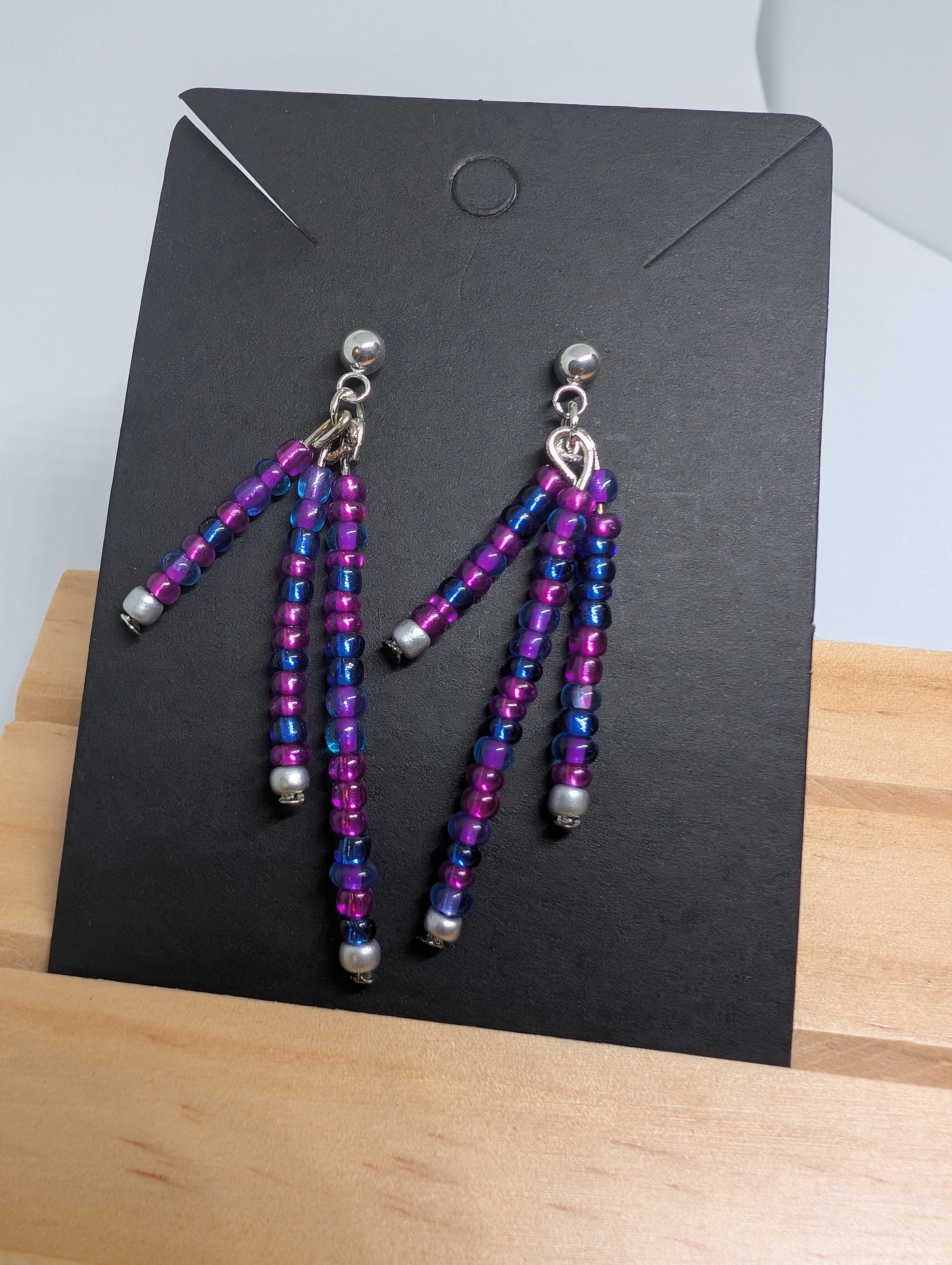 Violet Current Strands, handmade beaded earrings in purple, pink, blue and grey