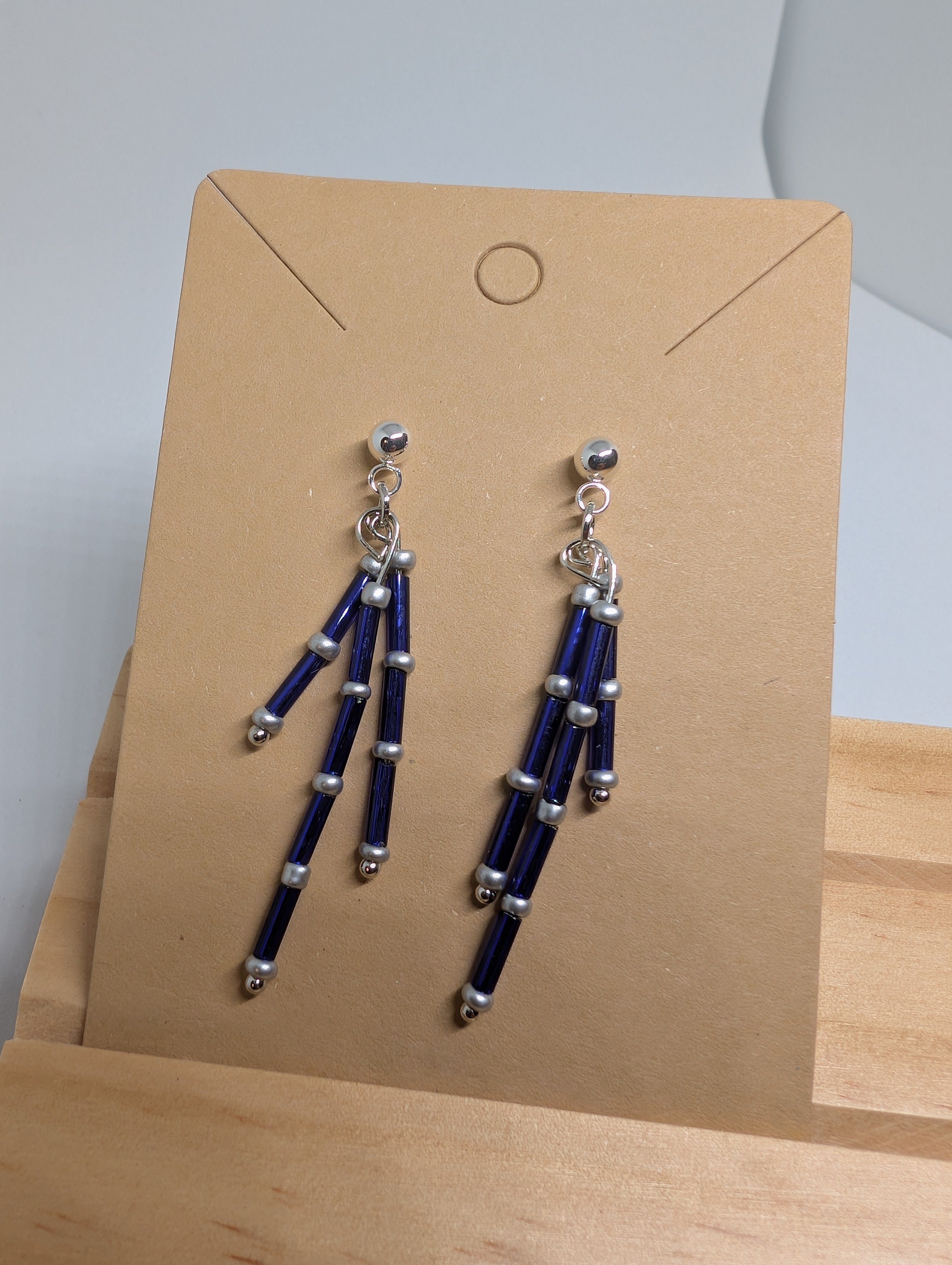 Midnight Bugle Fringe, handmade beaded earrings in blue, silver and grey