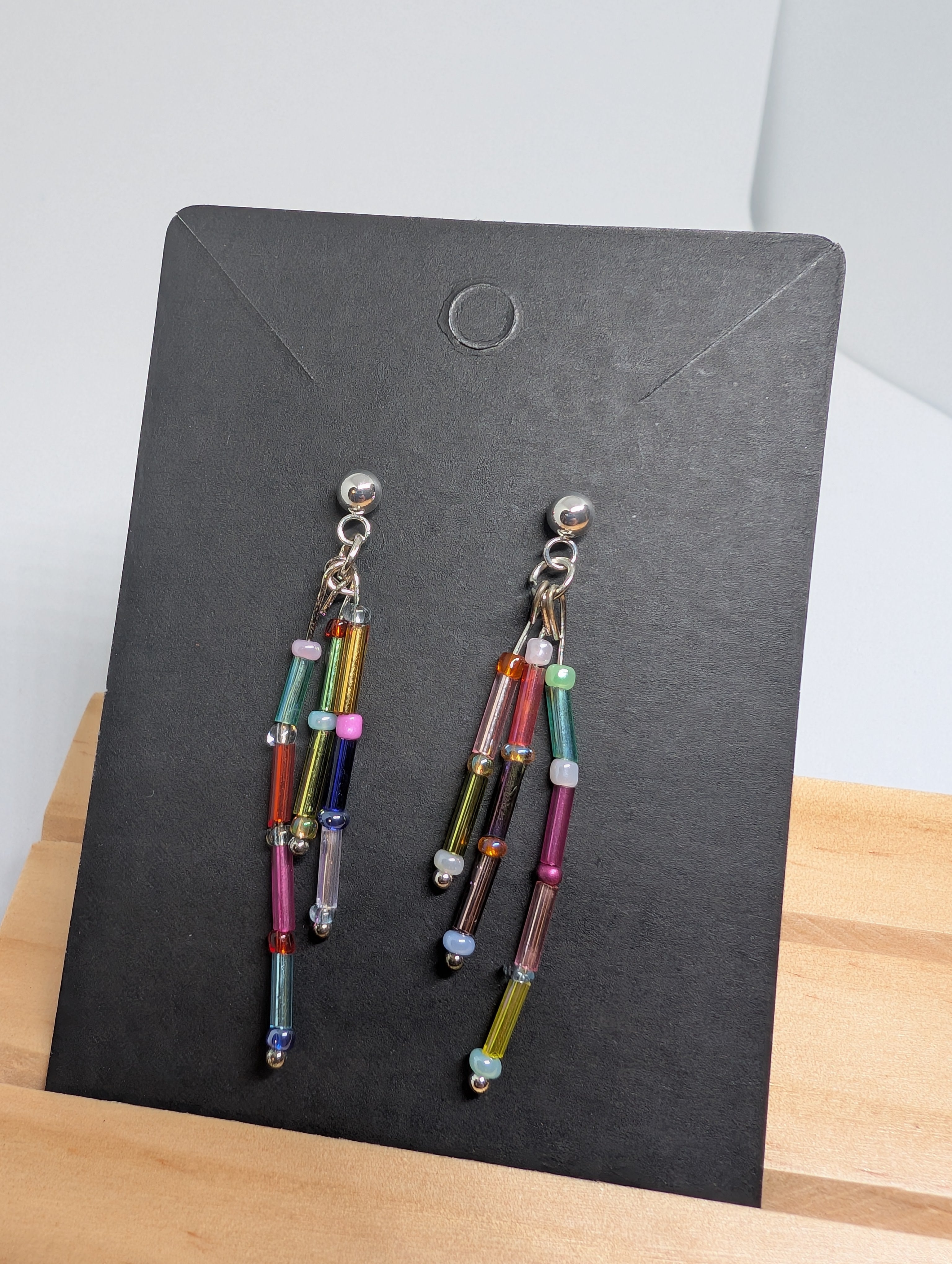 Confetti Bugle Cascade, handmade beaded earrings in multicolour and silver