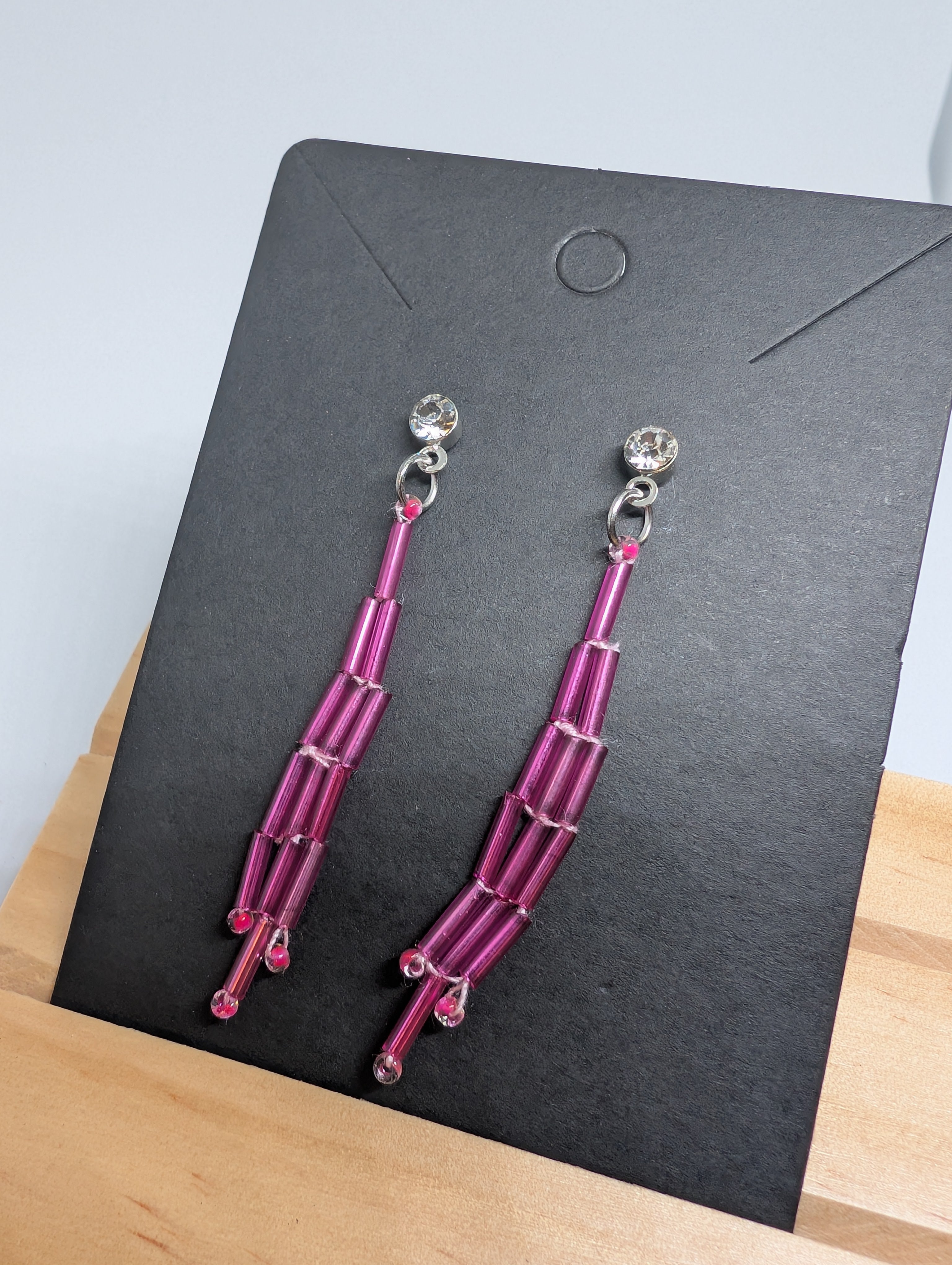 Magenta Ribbon Ladder, handmade beaded earrings in pink, purple and silver