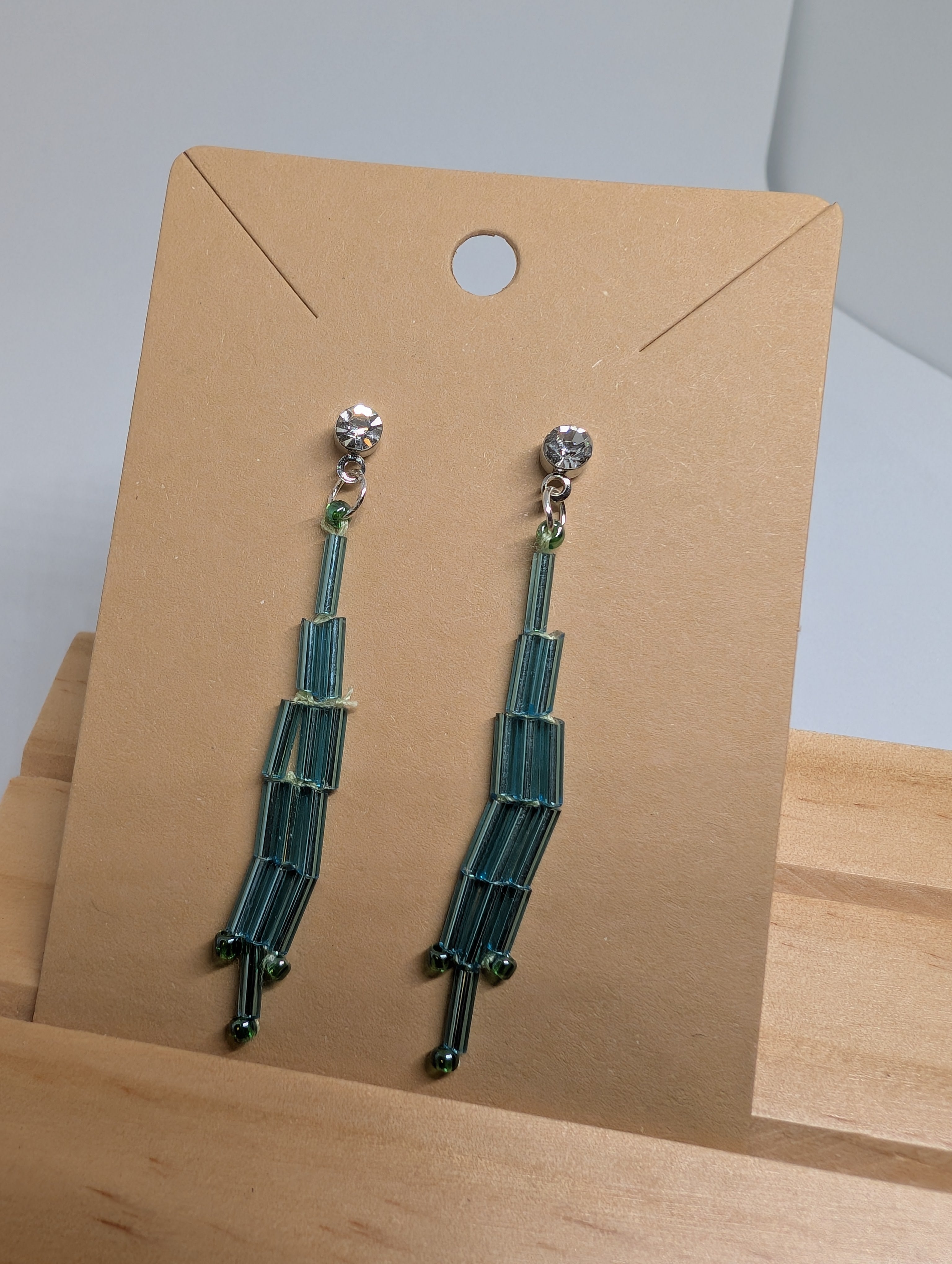 Teal Reed Panel, handmade beaded earrings in green, blue and silver