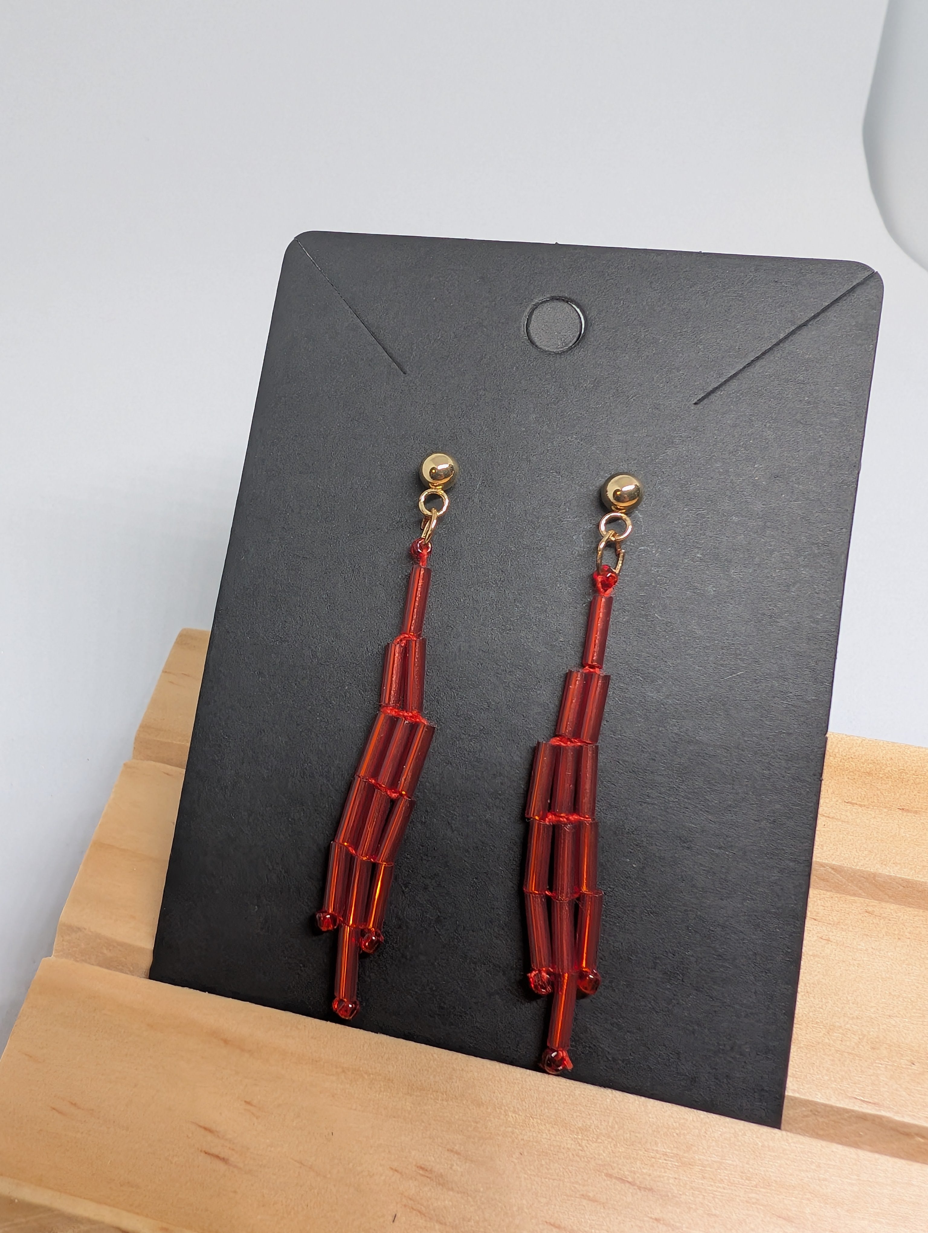 Ember Red Ladder, handmade beaded earrings in red and gold