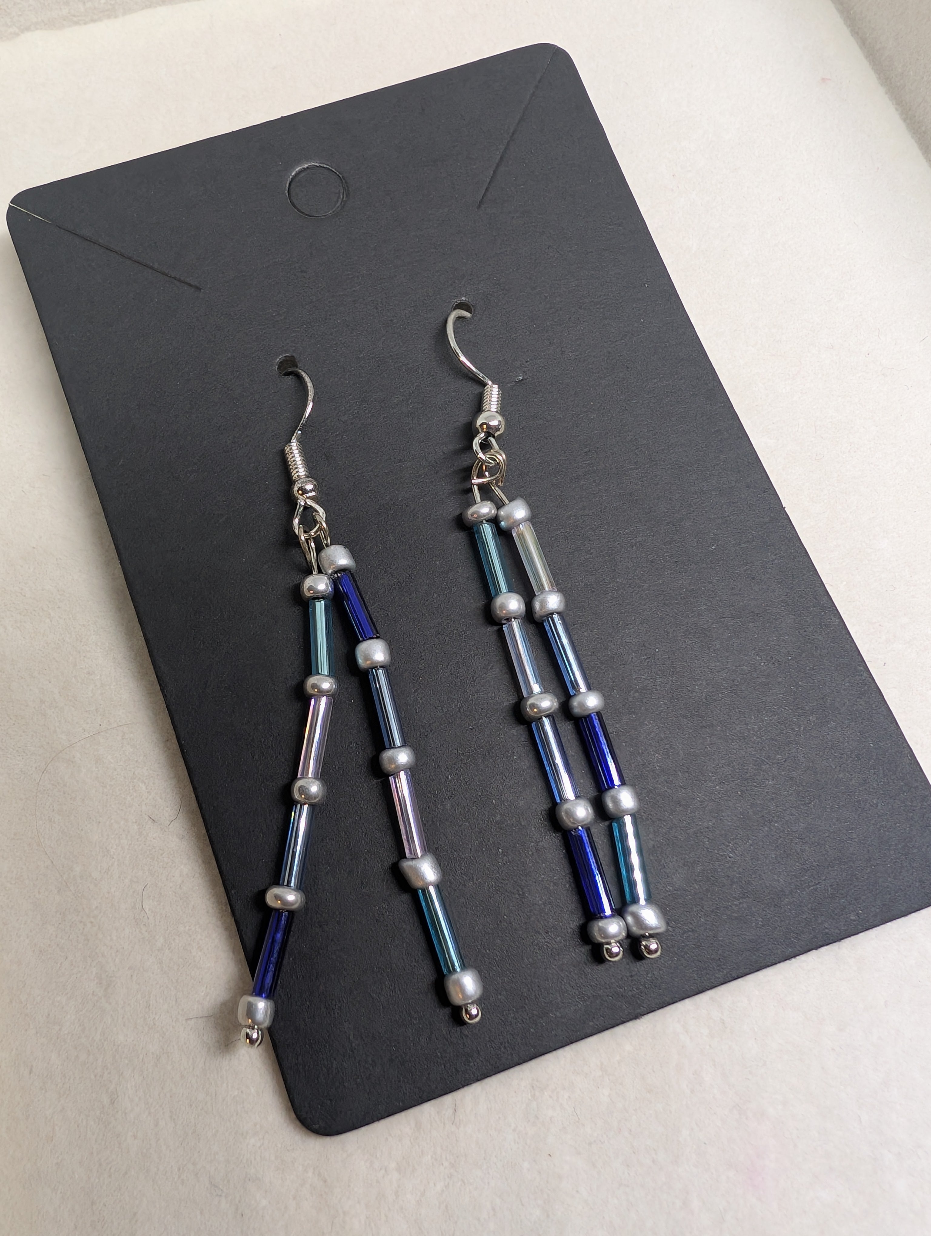 Cool Water Ladder, handmade beaded earrings in blue, purple, grey and silver