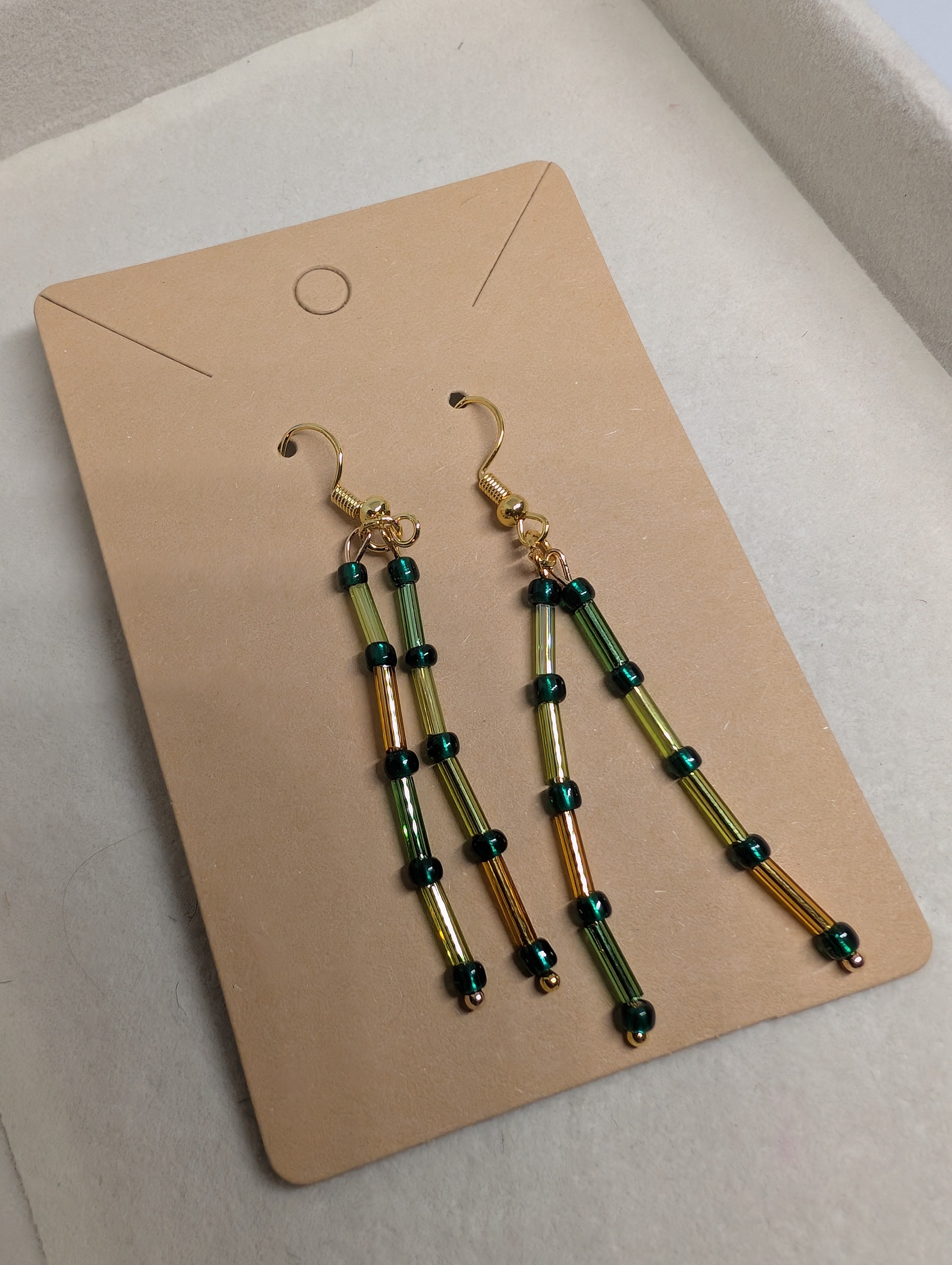 Olive And Bronze Ladder, handmade beaded earrings in green, bronze and gold