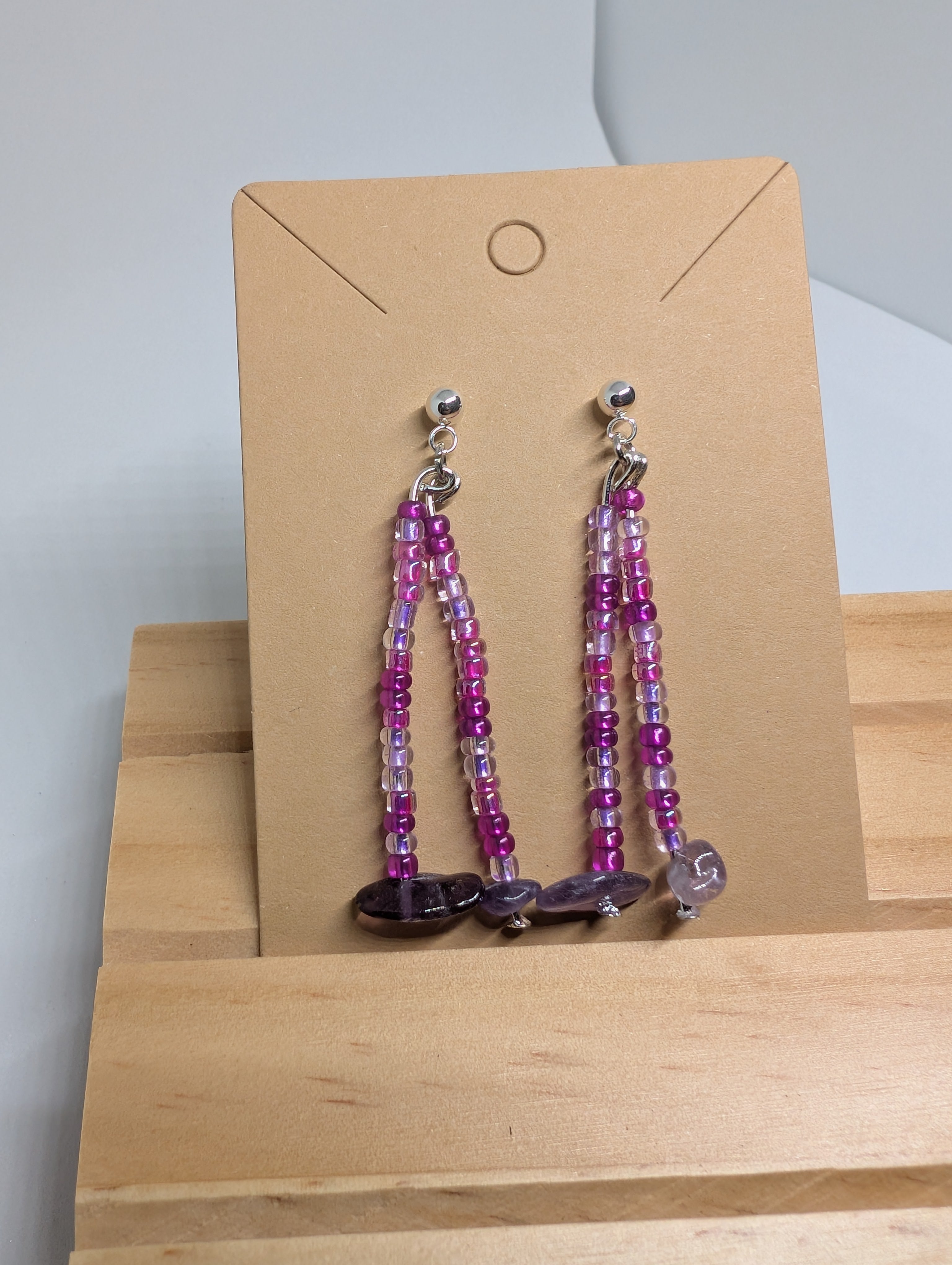 Berry Loop Drops, handmade beaded earrings in pink, purple, clear and silver