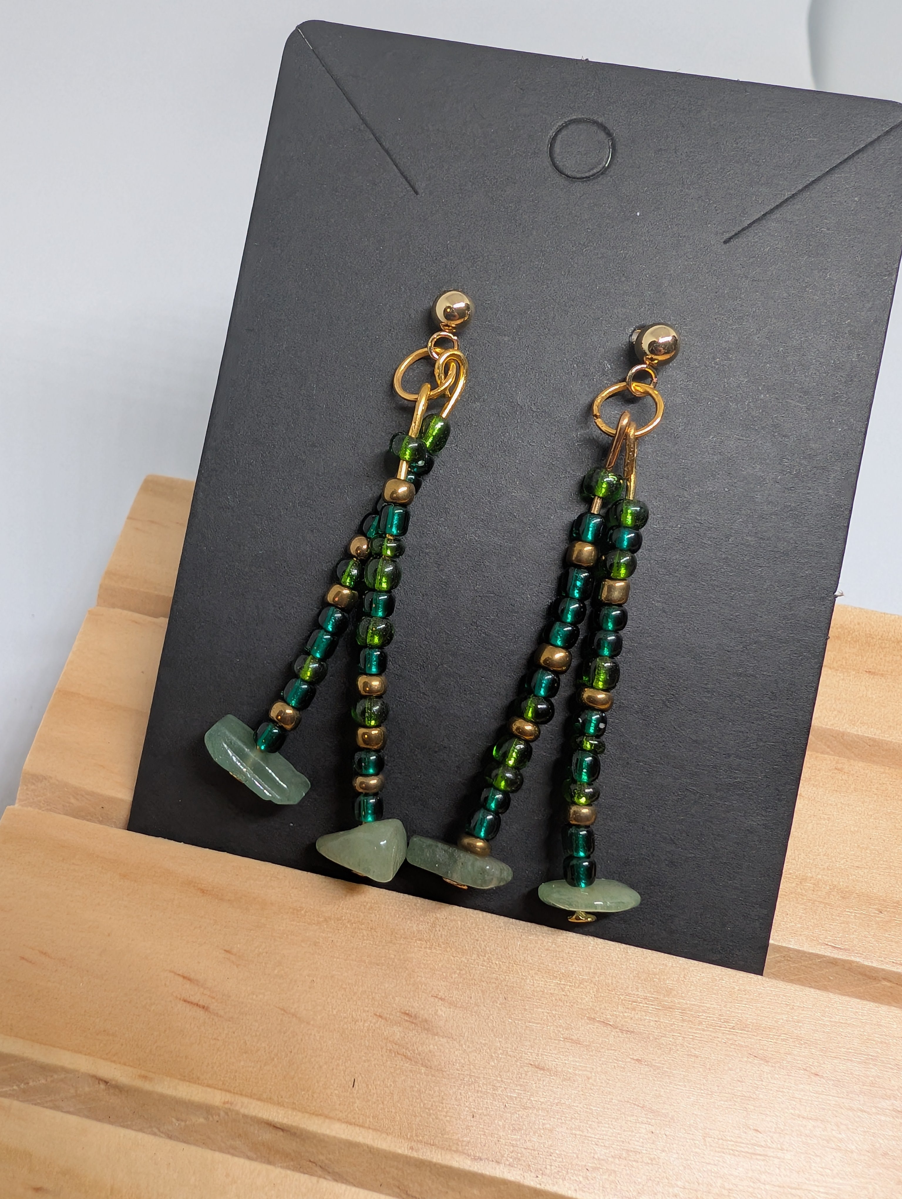 Forest Green Chip Drops, handmade beaded earrings in green, bronze, gold and black