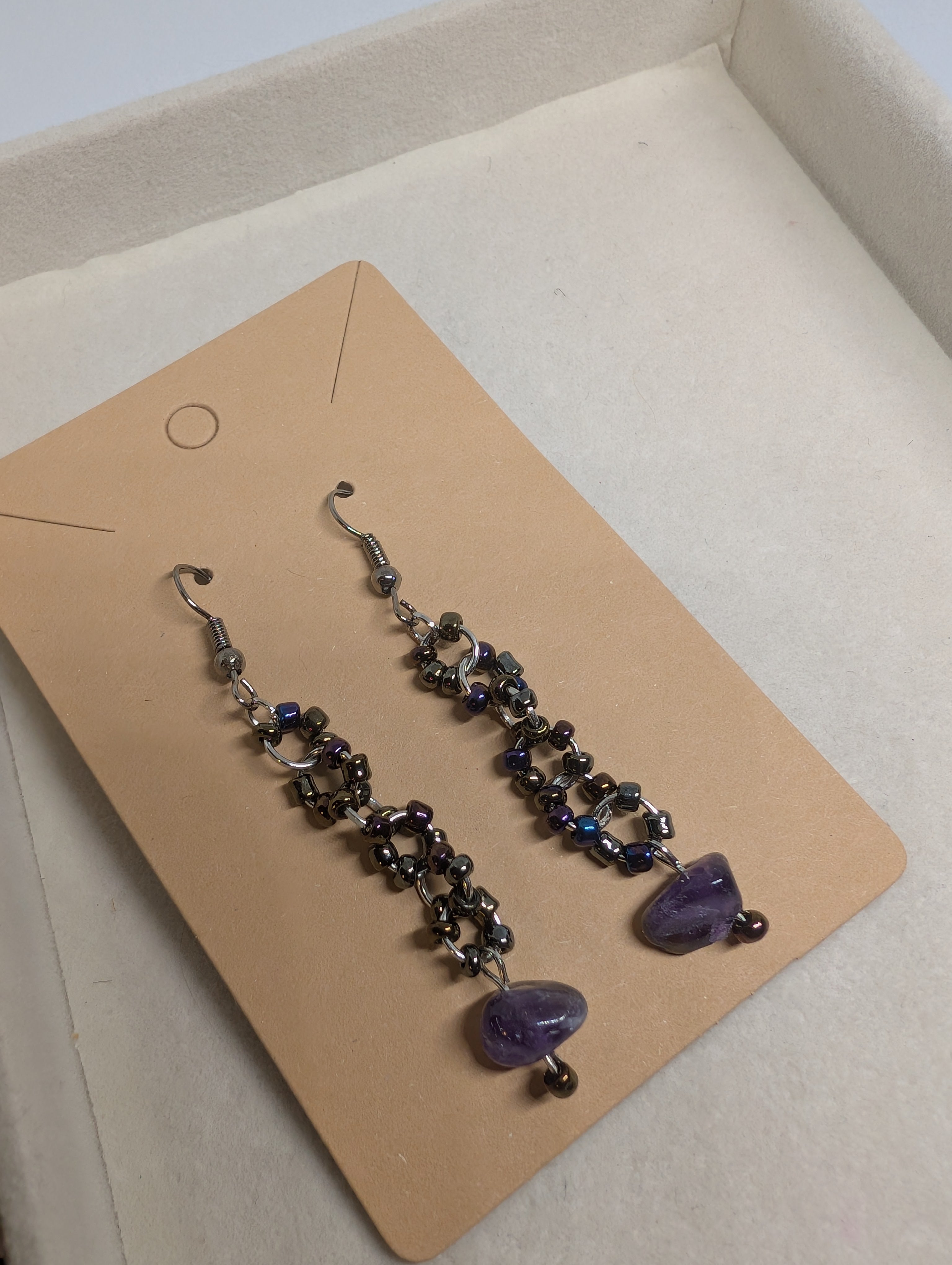 Storm Vine Amethyst Drop, handmade beaded earrings in purple, grey, blue and silver