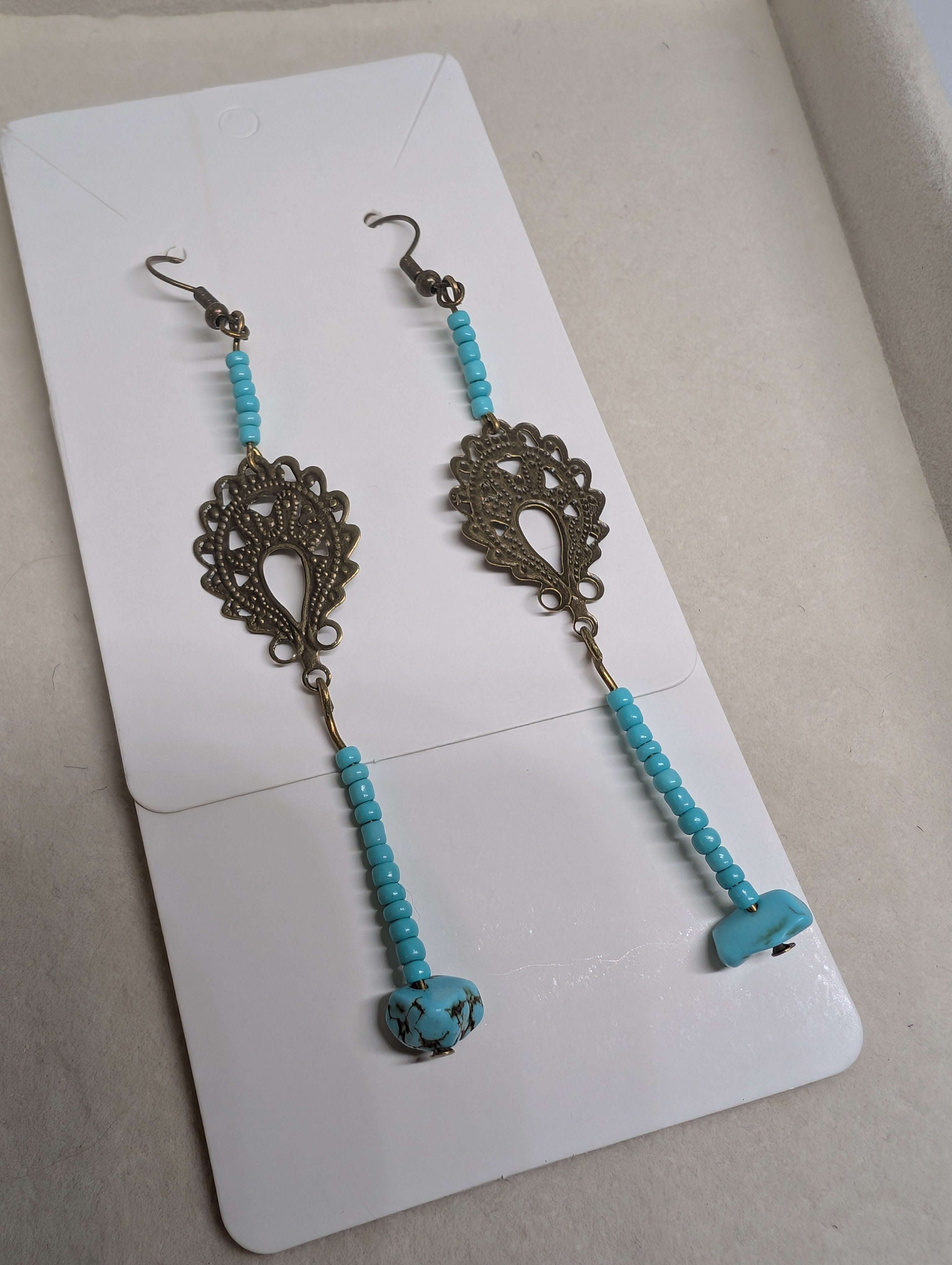 Turquoise Filigree Sceptre, handmade beaded earrings in blue and bronze