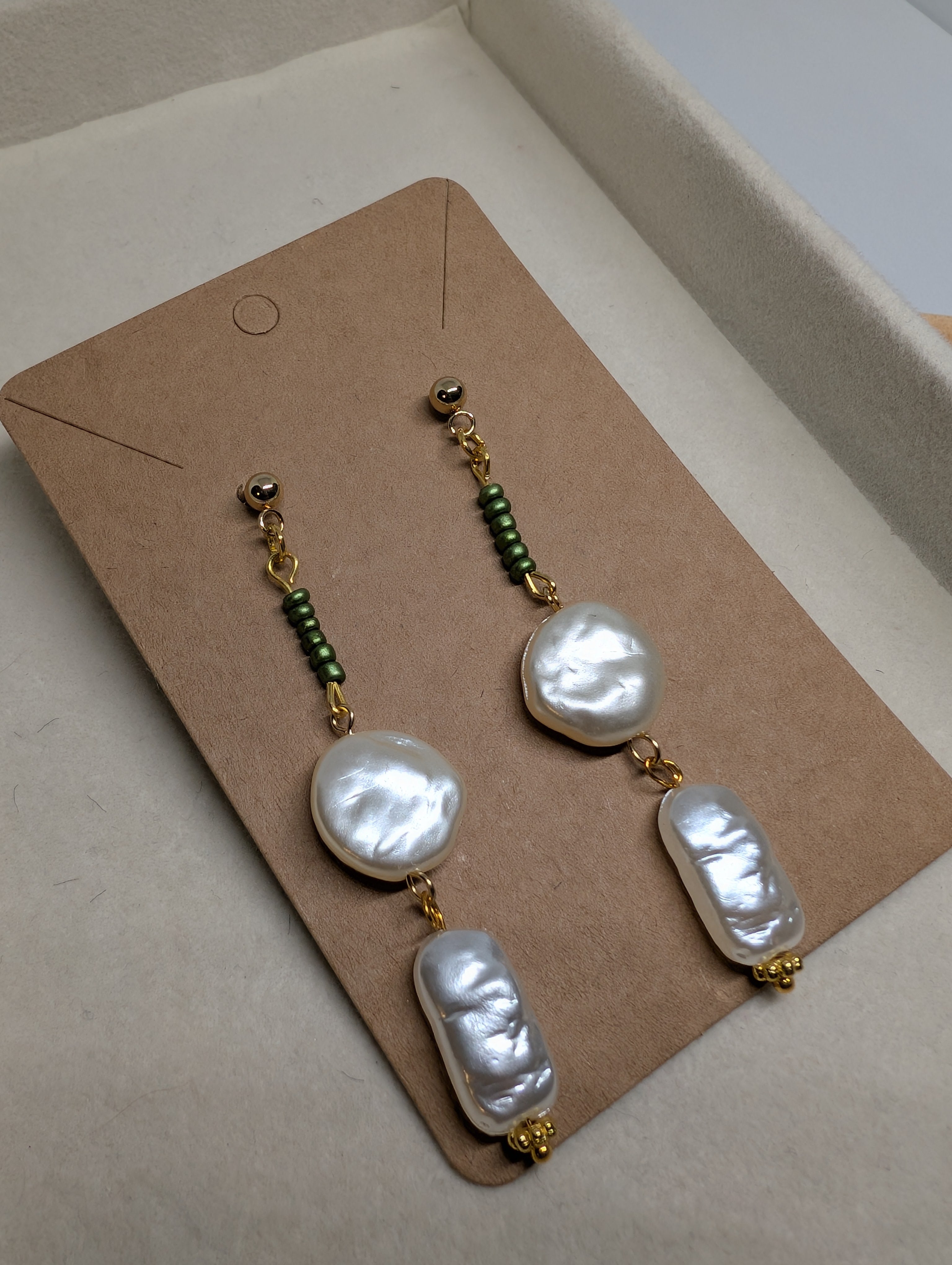 Pearl And Moss Drop, handmade beaded earrings in white, green and gold
